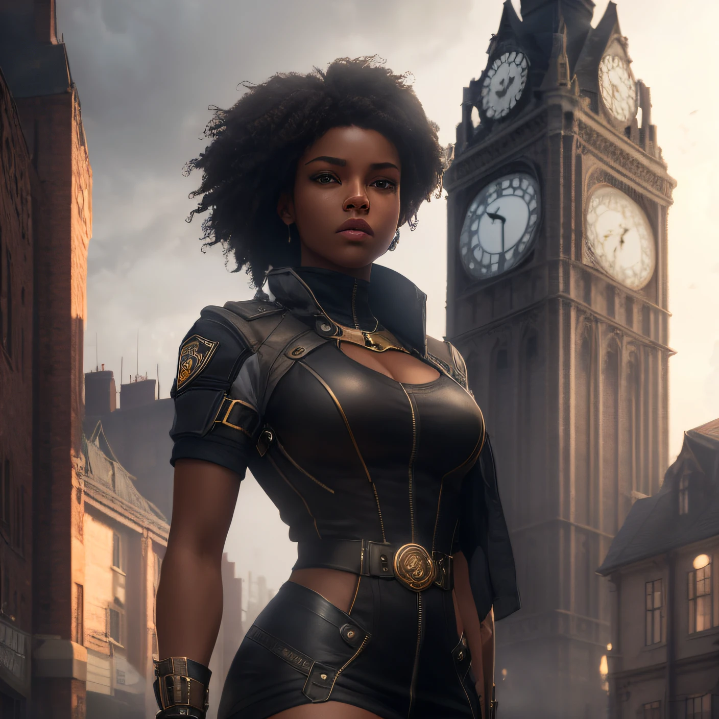 "An urban environment with an aerial view of a clock tower. The tower is situated in a misty atmosphere with cinematic lighting. The main subject is a beautiful, strong-featured, dark-skinned female character with clear, reflective light-colored eyes. She is standing on patrol, wearing tight, short, and revealing clothing. The image should be highly detailed and flawlessly proportioned." Camera: Aerial shot Lens: Wide-angle lens Render: Photorealistic with high detail and golden ratio Lighting: Cinematic lighting with soft, nostalgic ambiance Resolution: 4K or higher