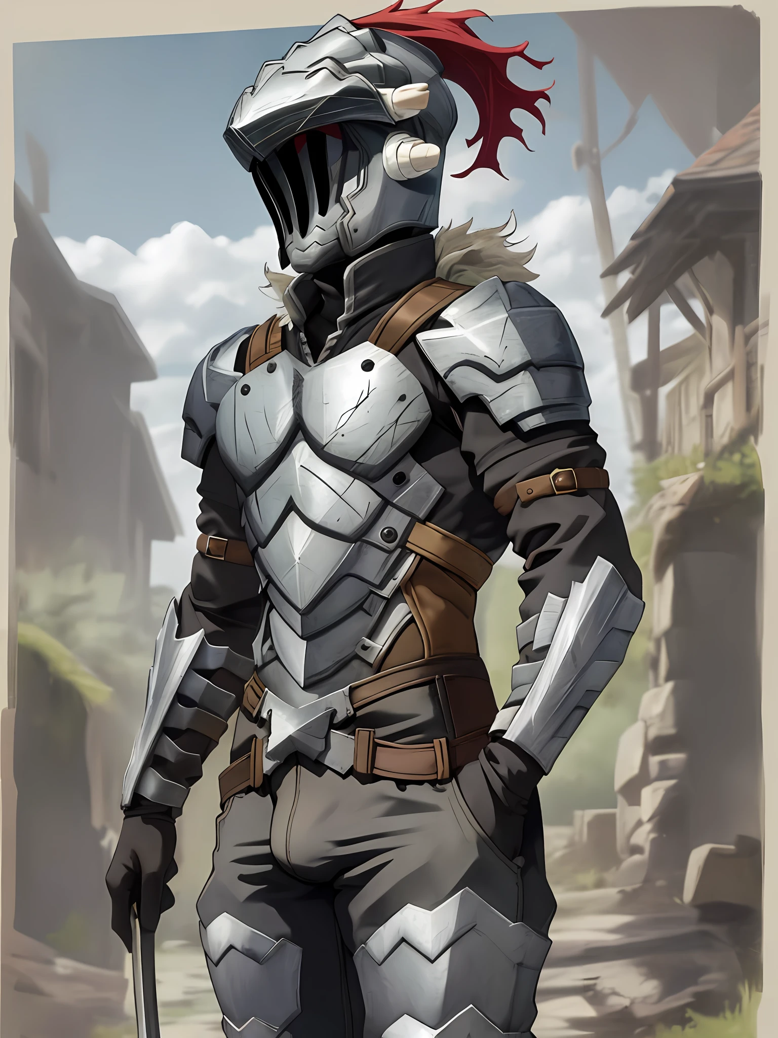 bare torso, helmet, bulging, more bulges, bulging, bulging, protruding, goblin slayer, bulging, bulging tubercle, huge, bulging out of pants, bulge out of pants, bulge out of pants,