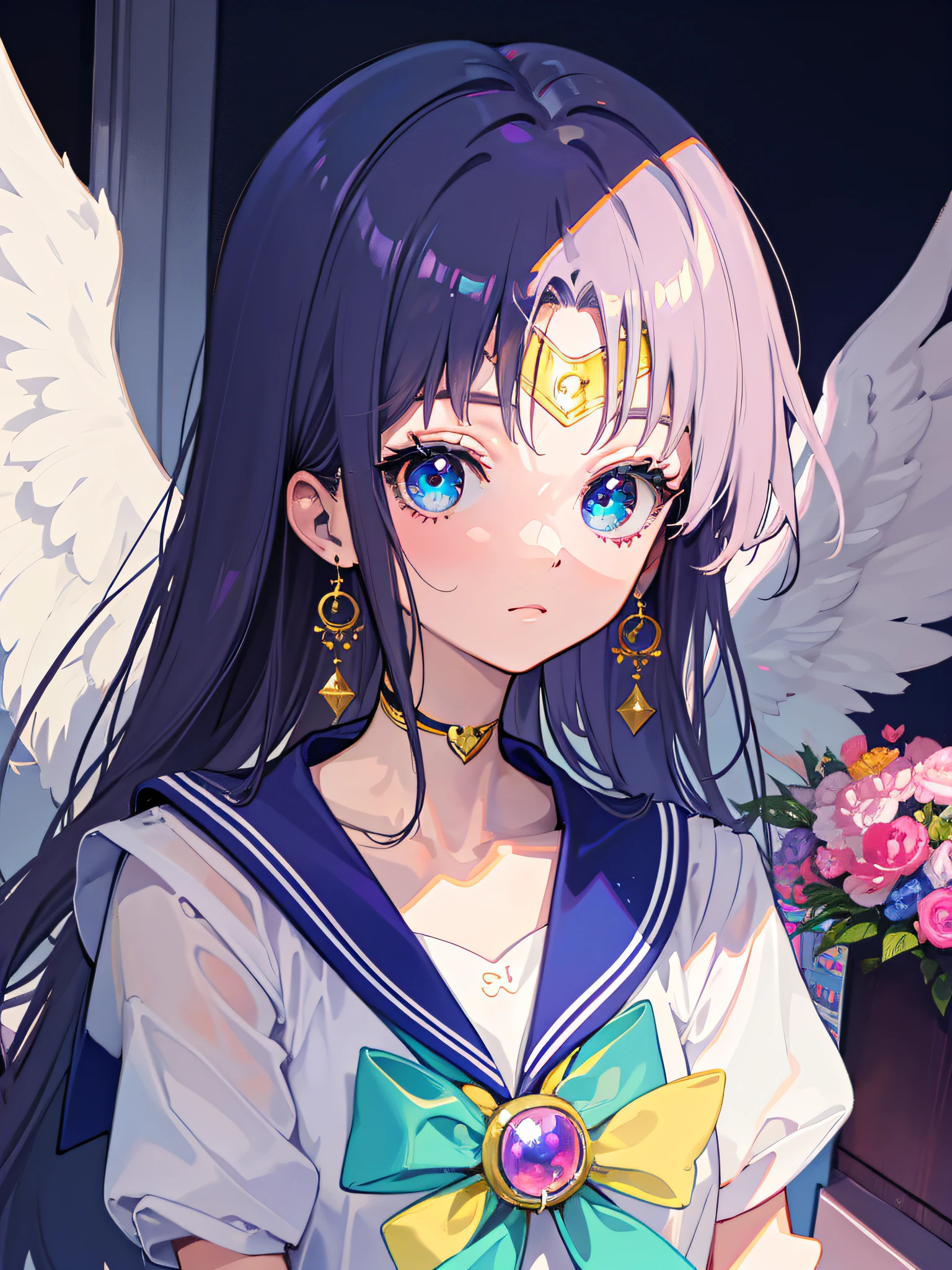 ((Masterpiece)), sailor moon costume, beautiful wings, beautiful face, beautiful eyes, rabbit stuffed animals, fantasy background, ultra detailed