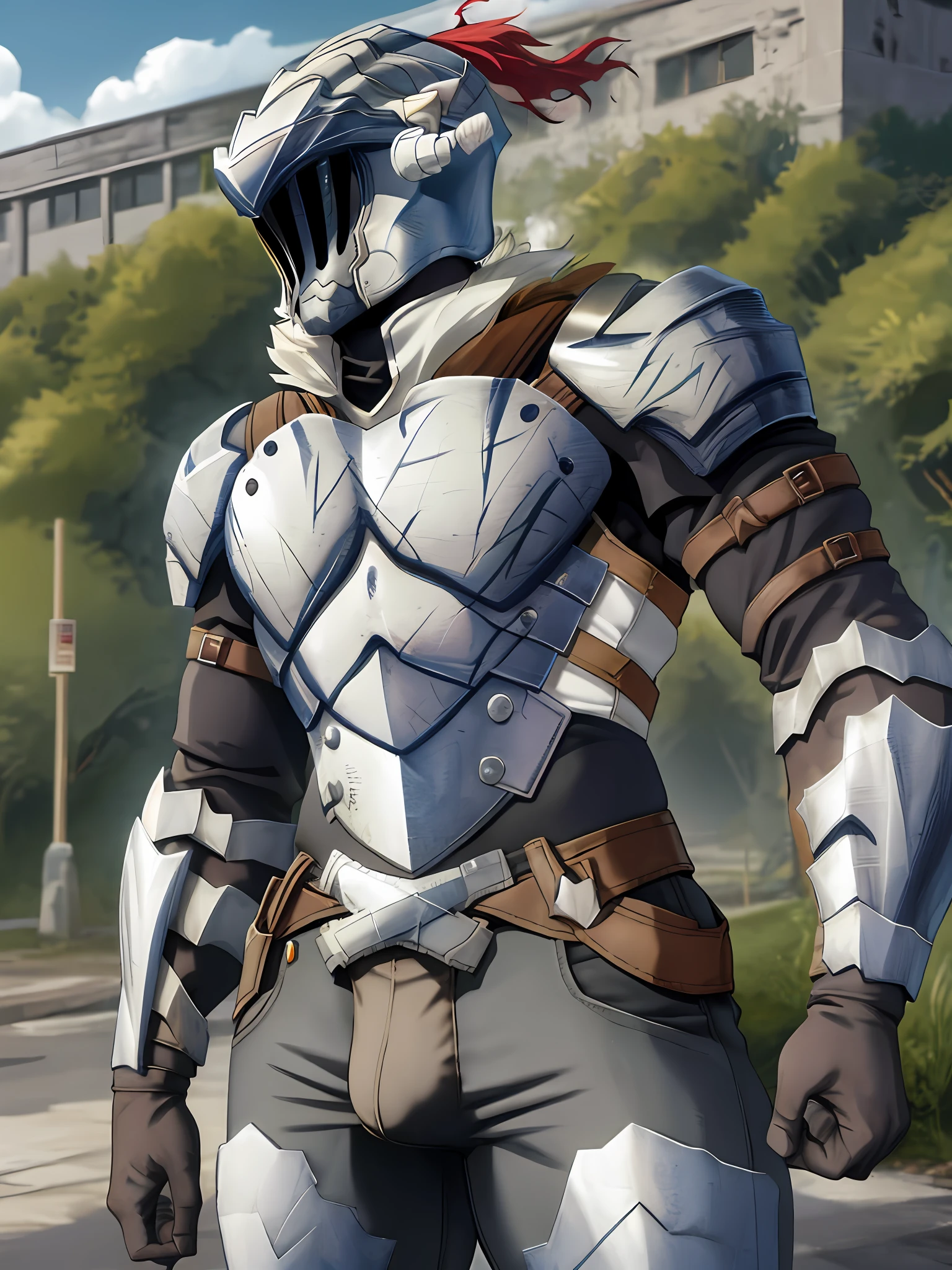 bare torso, helmet, bulging, more bulges, bulging, bulging, protruding, goblin slayer, bulging, bulging tubercle, huge, bulging out of pants, bulge out of pants, bulge out of pants,