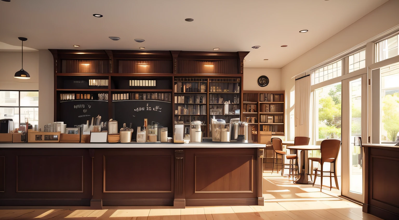 Cafe Bookcase Bright light View from the café counter Cafe interior diagram Simple style Anime background The café is equipped with tableware and tea sets, as well as coffee machines Warm light Some customers are sitting and drinking coffee The view is on the cash register at the café counter