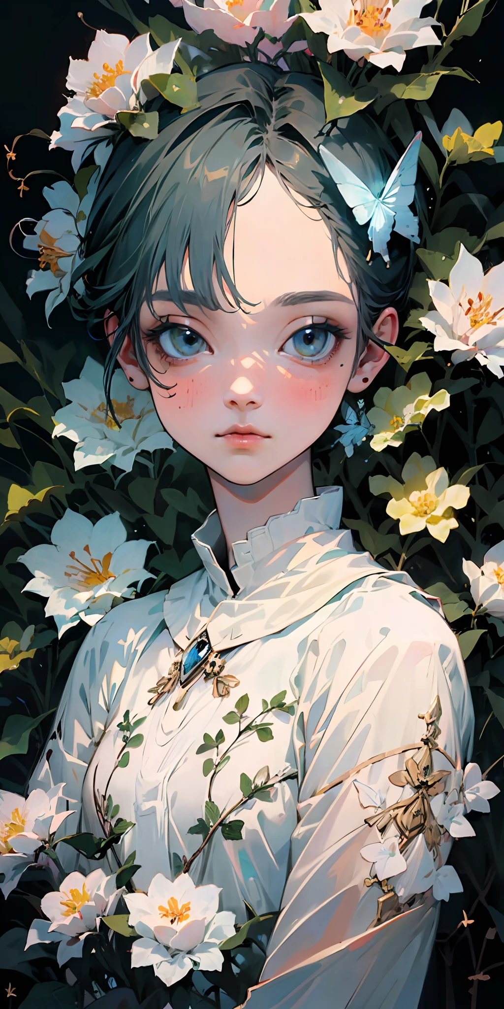 (best quality, masterpiece, ultra-realistic), portrait of 1 beautiful and delicate girl, with a soft and peaceful expression, the background scenery is a garden with flowering bushes and butterflies flying around.