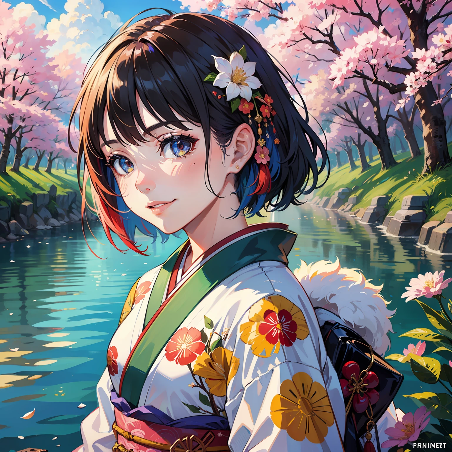 Close-up, upper body, (Real: 1.3), Fine details, Quality, Rembrandt lighting, (Masterpiece:1.2), (Photorealistic:1.2), (Best Quality), (Detail skin:1.3), (Intricate details), Dramatic, Ray tracing, 1 girl, Japan girls, Smile, Updled hair, 21 years old, Middle chest, (Colorful kimono:1.2),(Japanese:1.2),(Floral),(Long Sleeve), (Cherry Tree, River, Spring, Sun, Clouds, Walk, Nature, Forest),Turning Around,Short Hair,Time is Night