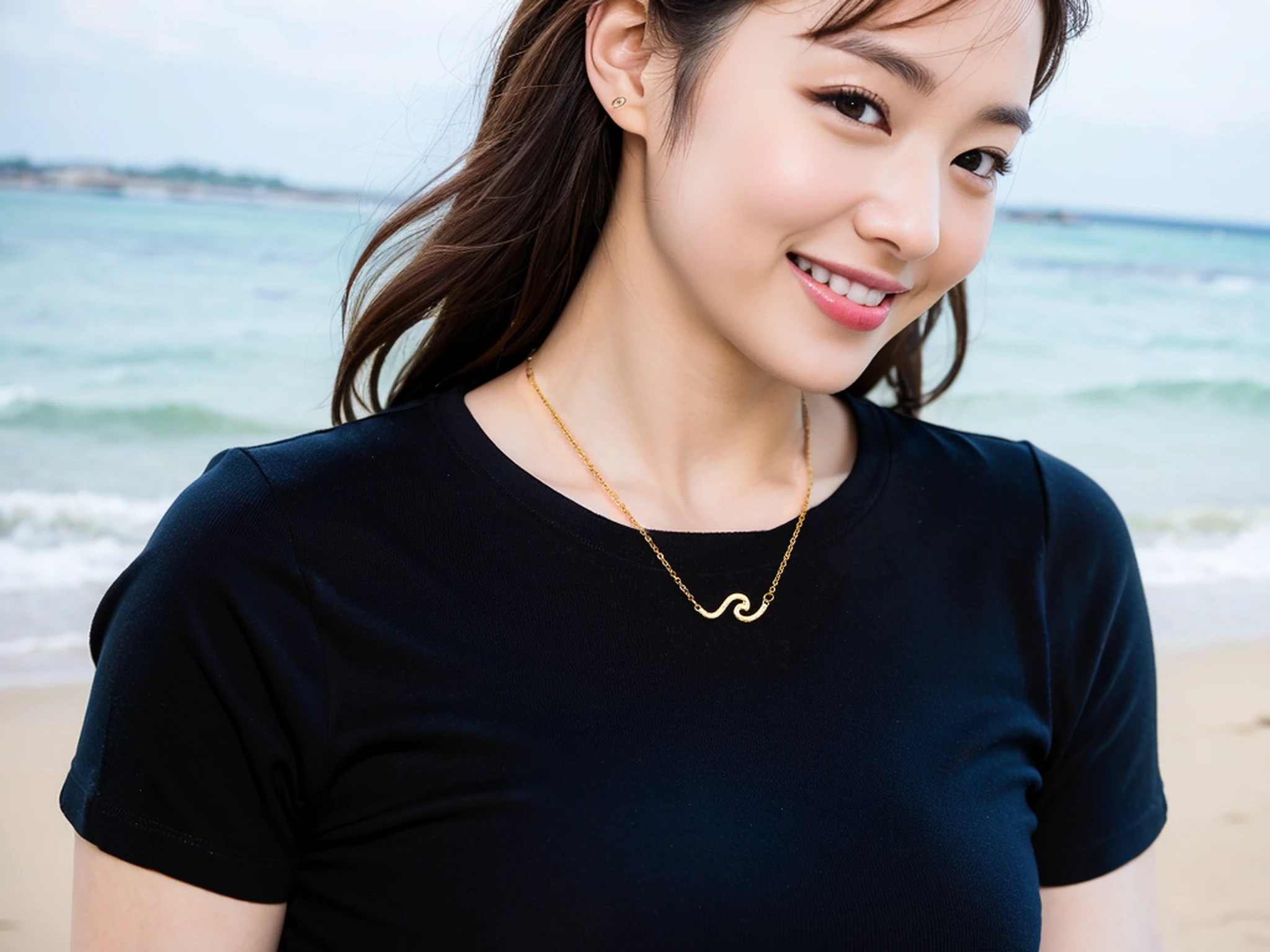 (Best Quality, 8k, 32k, Masterpiece, UHD: 1.2), Japan woman photo, 30 years old, short bob hair, upper body, face focus, hawaii beach background, from above, watch the viewer,black t-shirt,smile,