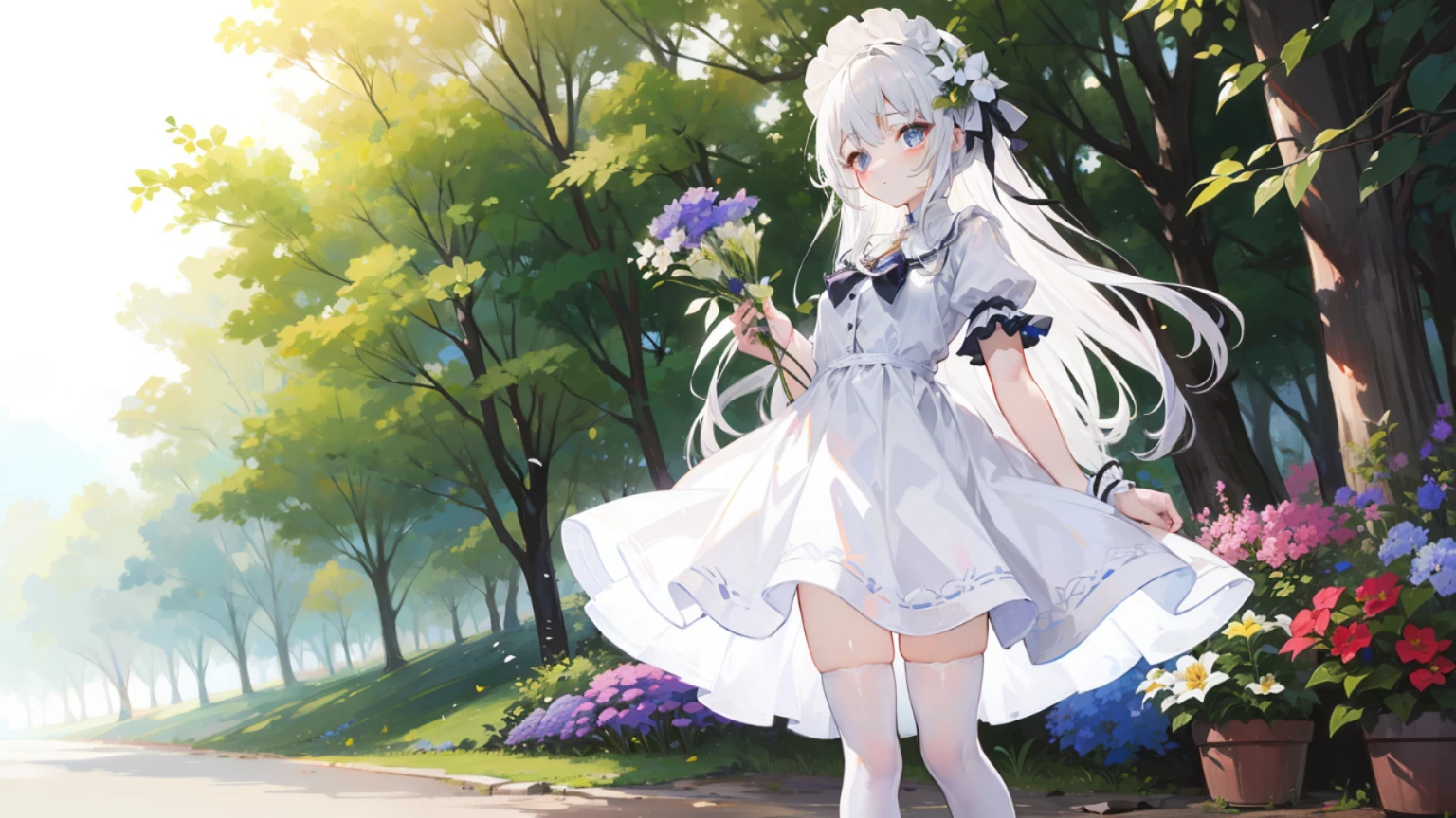 The white long-haired li, who is less than 150cm tall, wears a white dress and white stockings, among the trees and flowers