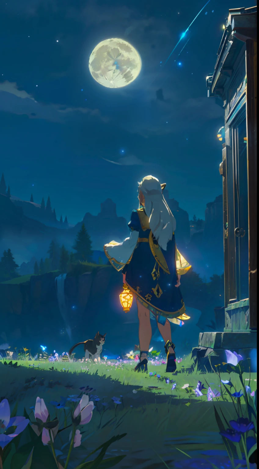 Extensive landscape photo , (above and below looking down), girl standing in flower field looking up, (full moon:1.2), ( shooting stars:0.9), (nebula:1.3), starry sky, white flower field, flower field shining, fantastic flower field, tree , (warm light source:1.2), (firefly:1. 2), lamp, orange and blue mostly fine details, voluminous lighting BREAK (Masterpiece:1.2), (top quality), 4k, super detailed, (dynamic composition:1.4), very fine details, colorful details, ( iridescent:1.2), (glowing lighting, atmospheric lighting), dreamy, fantastic, (solo:1.2), sparkling, glow, petals dancing, white hair, beautiful hair, long hair, cat ears, back view, water effects, soap bubbles, posed, hands are hidden in sleeves, Large lacy sleeves