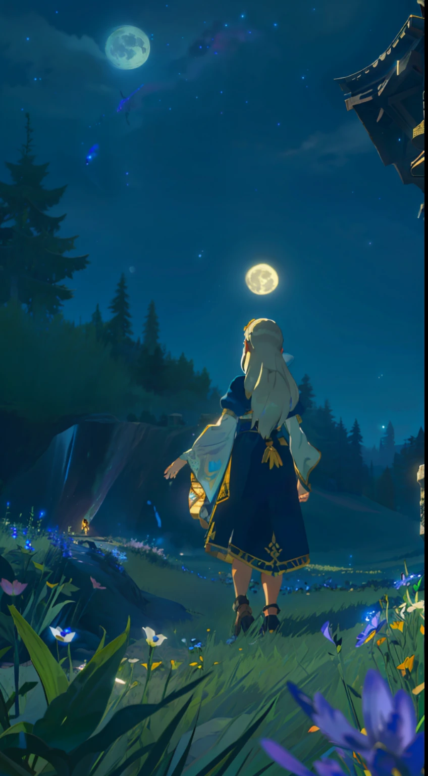 Extensive landscape photo , (above and below looking down), girl standing in flower field looking up, (full moon:1.2), ( shooting stars:0.9), (nebula:1.3), starry sky, white flower field, flower field shining, fantastic flower field, tree , (warm light source:1.2), (firefly:1. 2), lamp, orange and blue mostly fine details, voluminous lighting BREAK (Masterpiece:1.2), (top quality), 4k, super detailed, (dynamic composition:1.4), very fine details, colorful details, ( iridescent:1.2), (glowing lighting, atmospheric lighting), dreamy, fantastic, (solo:1.2), sparkling, glow, petals dancing, white hair, beautiful hair, long hair, cat ears, back view, water effects, soap bubbles, posed, hands are hidden in sleeves, Large lacy sleeves