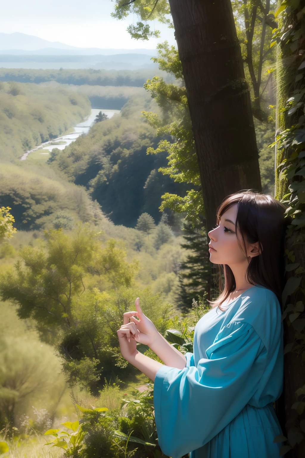 A beautiful woman is looking out over the landscape of a wooded forest
