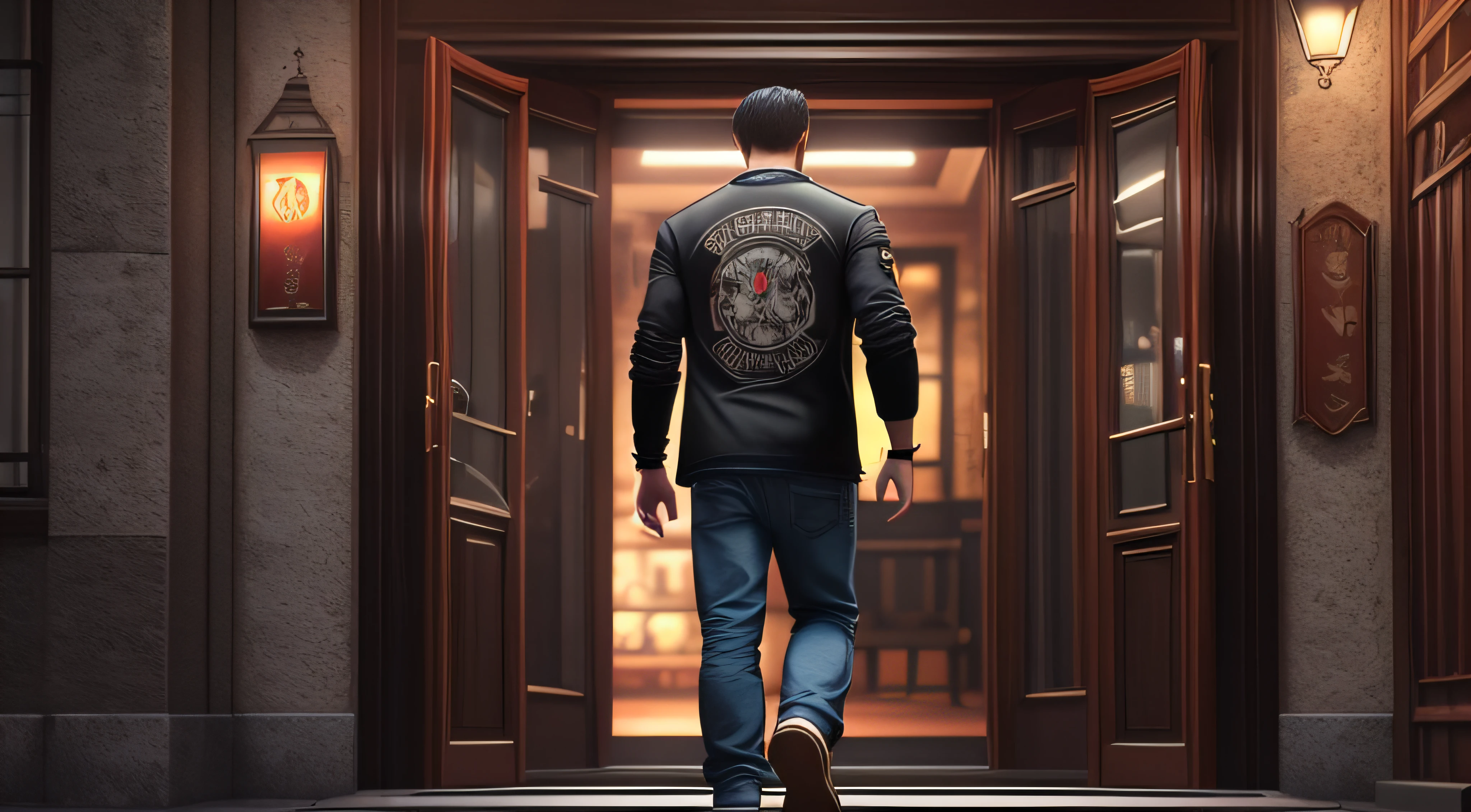 man black t-shirt, black hair, dark hair, entering a pub, entering an establishment, view of man's back, man on his back, night, entering through the door, beautiful door,sidewalk, beautiful night, cinematic realistic portrait, render portrait 8k, realistic cinematic photo, realistic face moody lighting, ultra realistic image, unreal engine character art, ultra realistic 8k cyberpunk art,  cinematic, photorealistic art style, an ultra realistic, detailed portrait shooting, handsome man, 8K portrait shot --auto