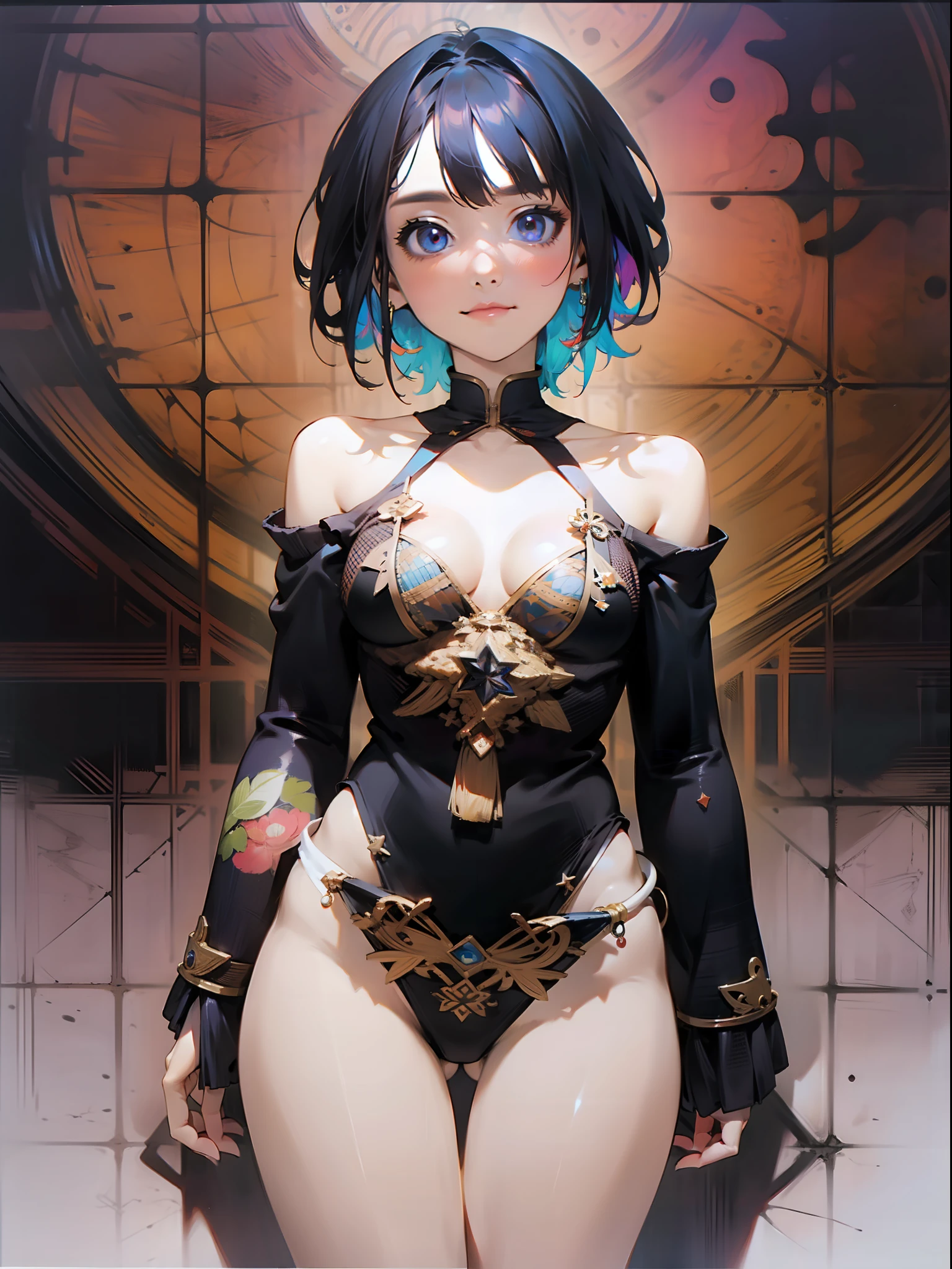 Absurdity, Hi-Res, Super Detail, 1 Girl, Standing, One Piece, Extreme Detail Eyes, Official Art, Beautiful and Aesthetic, 1 Girl, Extreme Detail, Fractal Art, Colorful, Supreme Detail, Dark Short Hair, Odd Eye
