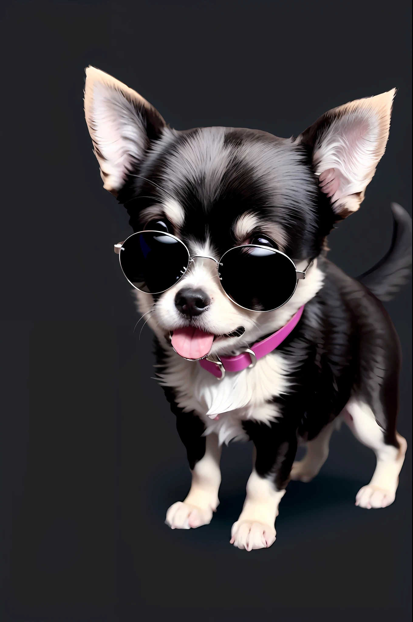 sticker style, vector lines, black and white color, cute anime chihuahua, chihuahua, long tongue, sticker style, very small ears, (sunglasses), background black, vector style, full body