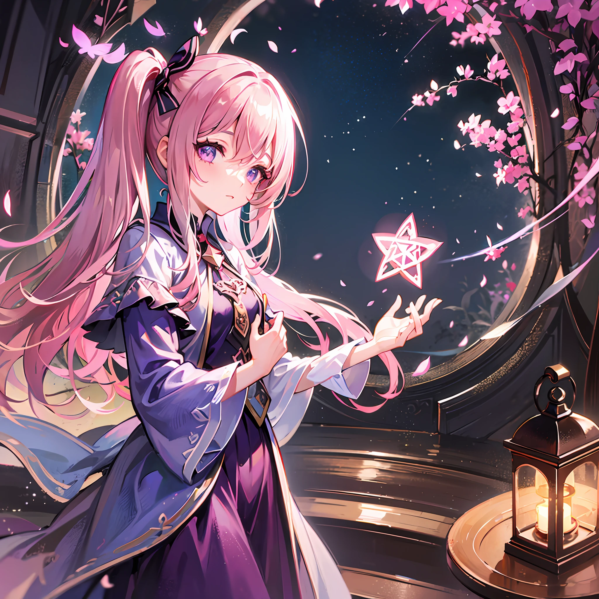 Light dark pink hair, (side ponytail), right side, purple fine eyes, pink beautiful long dress, magic light surrounding, pentagram star, gaze condensation, attention to detail, highest quality,  girl, books, avatar, pink skirt