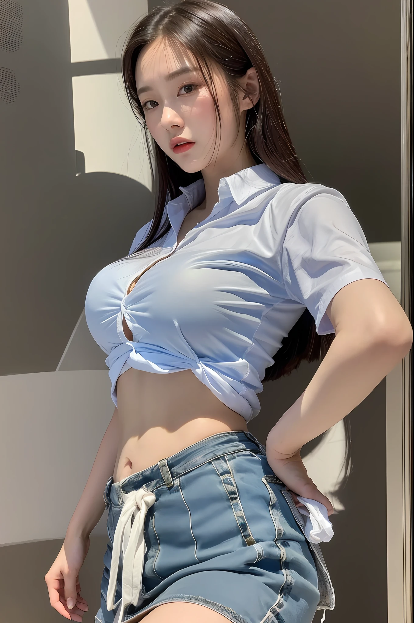 (Best Quality, 8k, 32k, Masterpiece, UHD: 1.3), Attractive Chinese Female Photo, A Girl, (Big: 1.0), Abs, Perfect Figure, (Clear Shirt: 1.1), Ultra-detailed Face, Detailed Lips, Fine Eyes, Double Eyelids, Wearing Blue Miniskirt