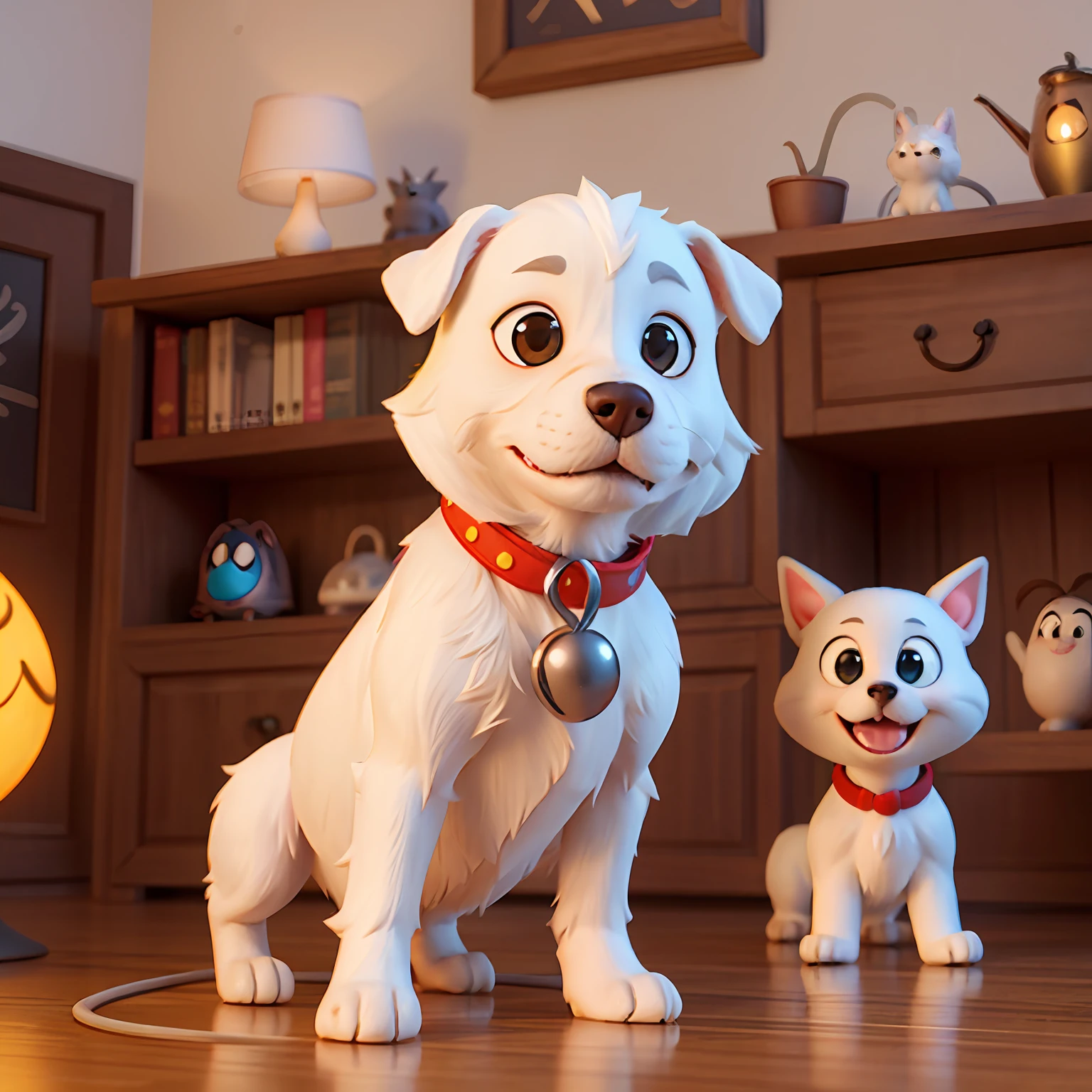 adorable cute white dog in pixar style, Disney style, pixar animation, character design, renderman, cozy lighting