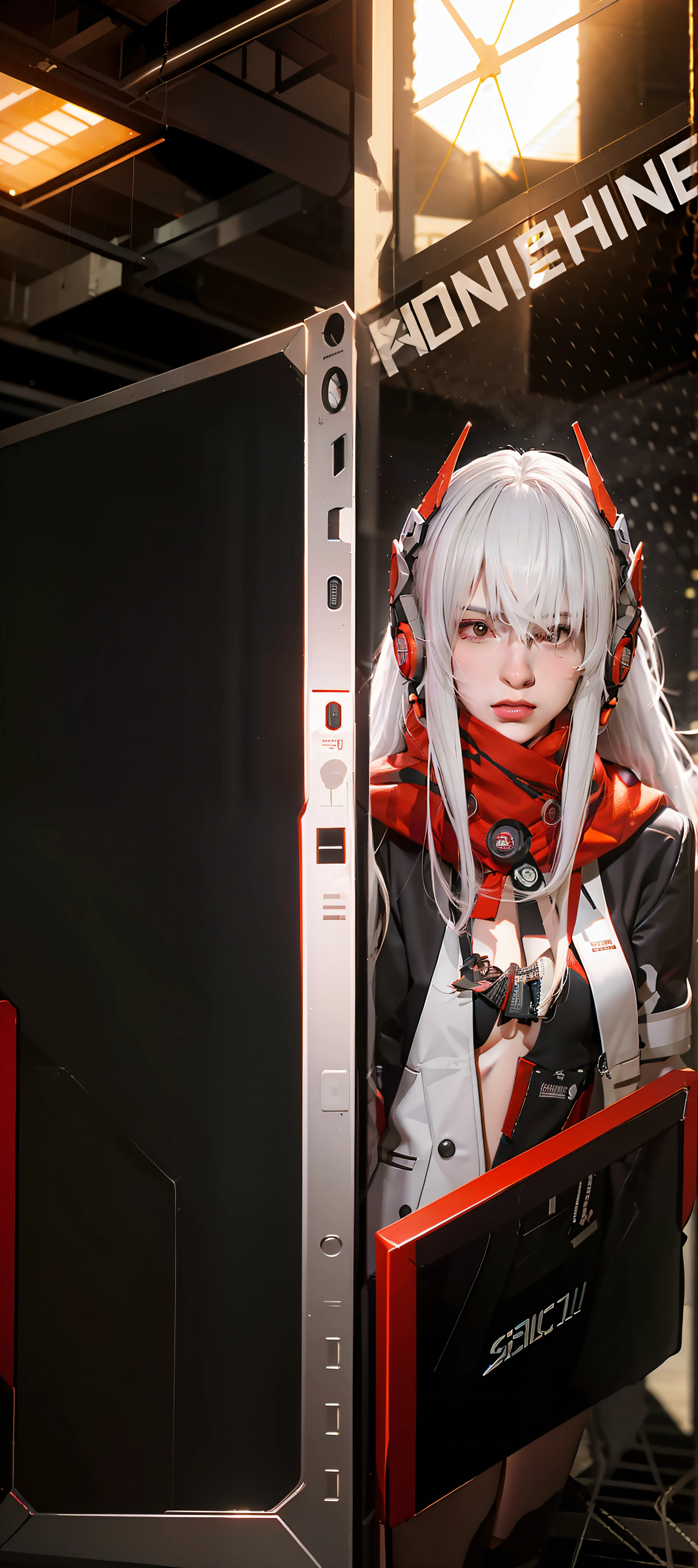 Photorealistic, white hair, sci-fi girl, lucia alpha, red shall, medium breasts, opened collars, sci-fi face ornaments, black and red dress, sci fi dress, high quality