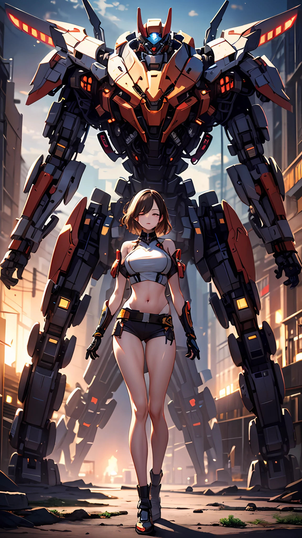 ((masterpiece, best quality)),illustration,ultra detailed 8k,photorealistic,sharp focus,highly detailed,professional lighting,colorful details,iridescent colors BREAK extreme long shot of a factory,large mechanical robot construction,microchip,computer,glowing,intricate details,shitu-mecha,1girl is standing in front of the audience,Navel
