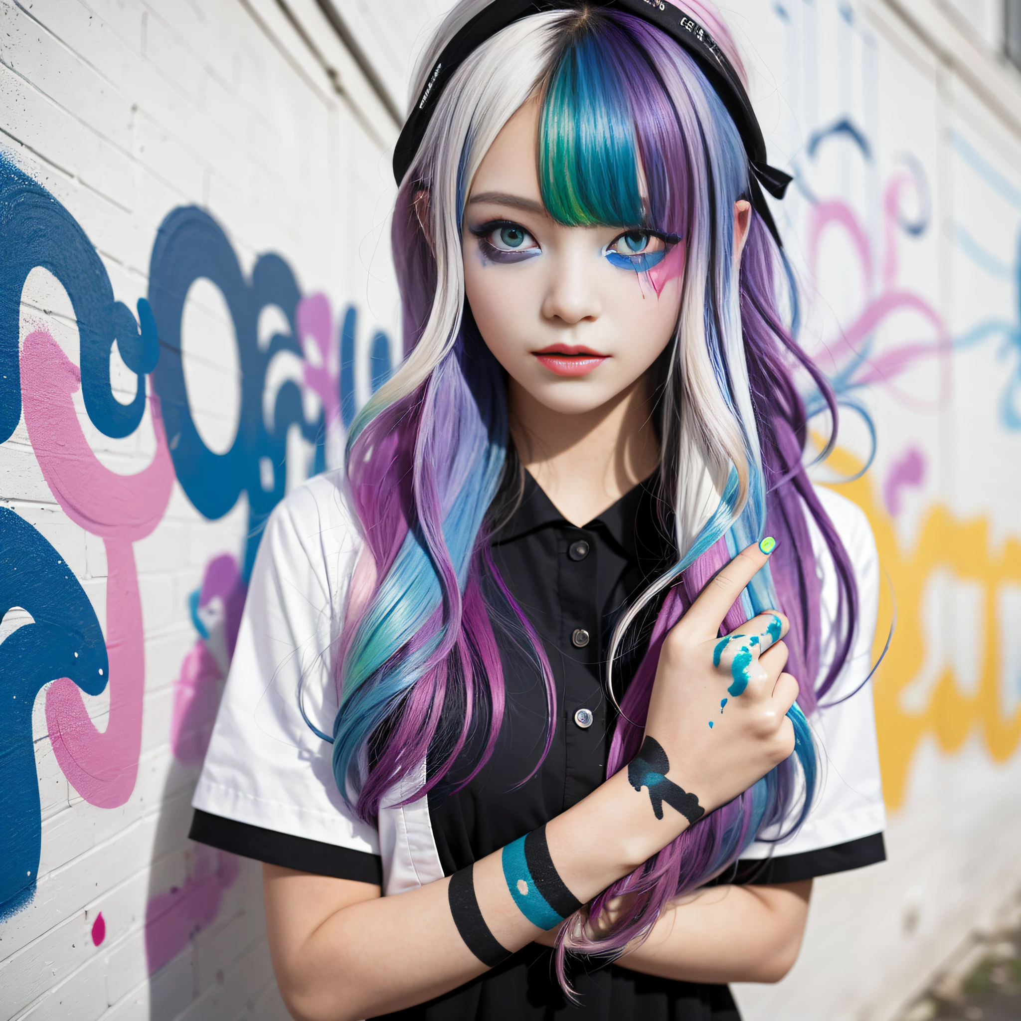 schoolgirl, beautiful detailed eyes, colorful, vivid colors, ((7girls: 1.5)), absurdity, top quality, striped hair, schoolgirl, latest fashion, (graffiti: 1.25), paint splatter, iridescent hair, paint on body