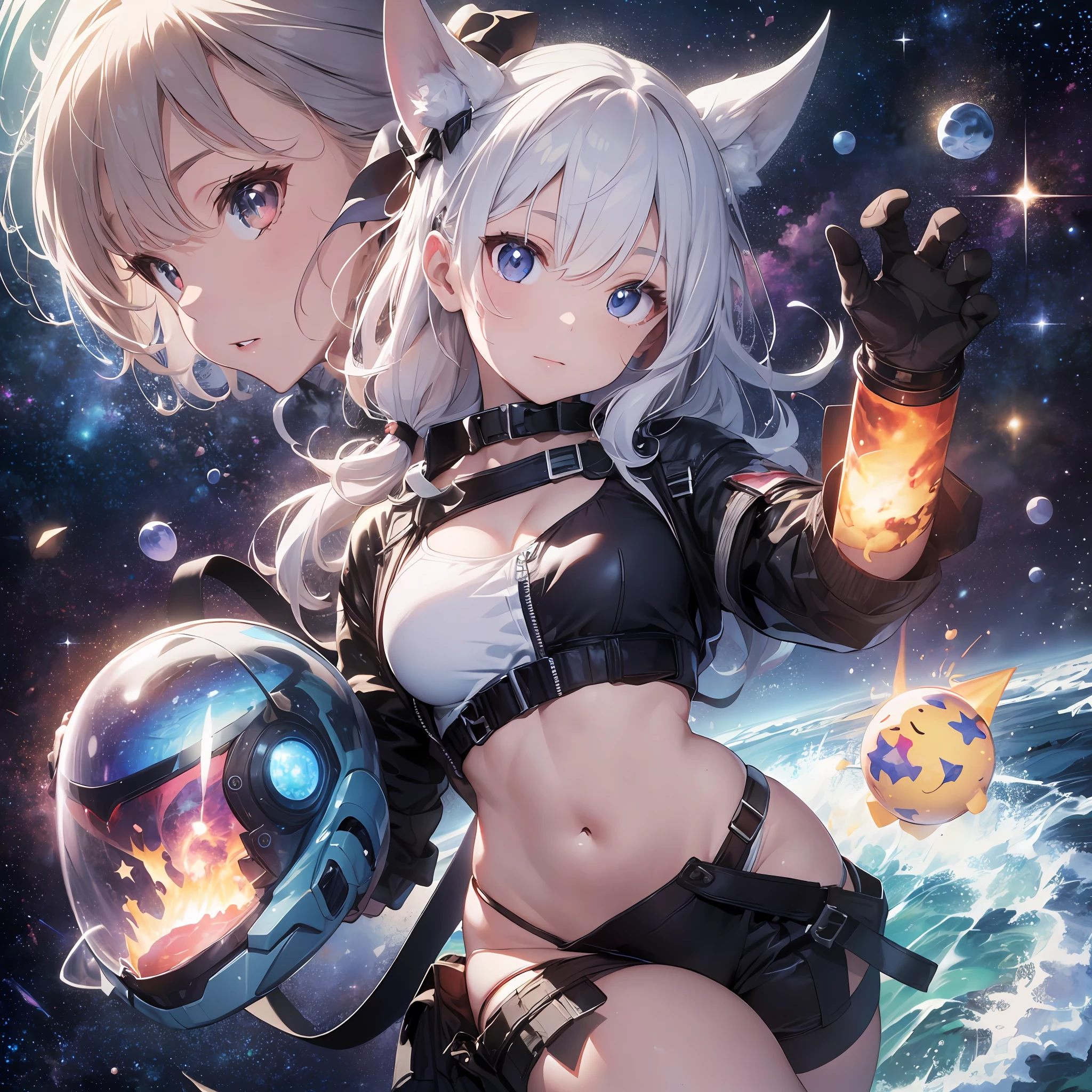 (background is Nebula: 1.3), bikini, background is outer space, helmet, spacewalk, thick eyebrows, (bikini: 1.5), (white skin: 1.3), white skin, movie lighting, small, demon ears, (masterpiece), (best quality)), (super detailed), shiny skin, full body anime girl, clean and detailed anime face, high resolution anime eyes, five fingers, textile shadows, perfect body structure, perfect anatomy,