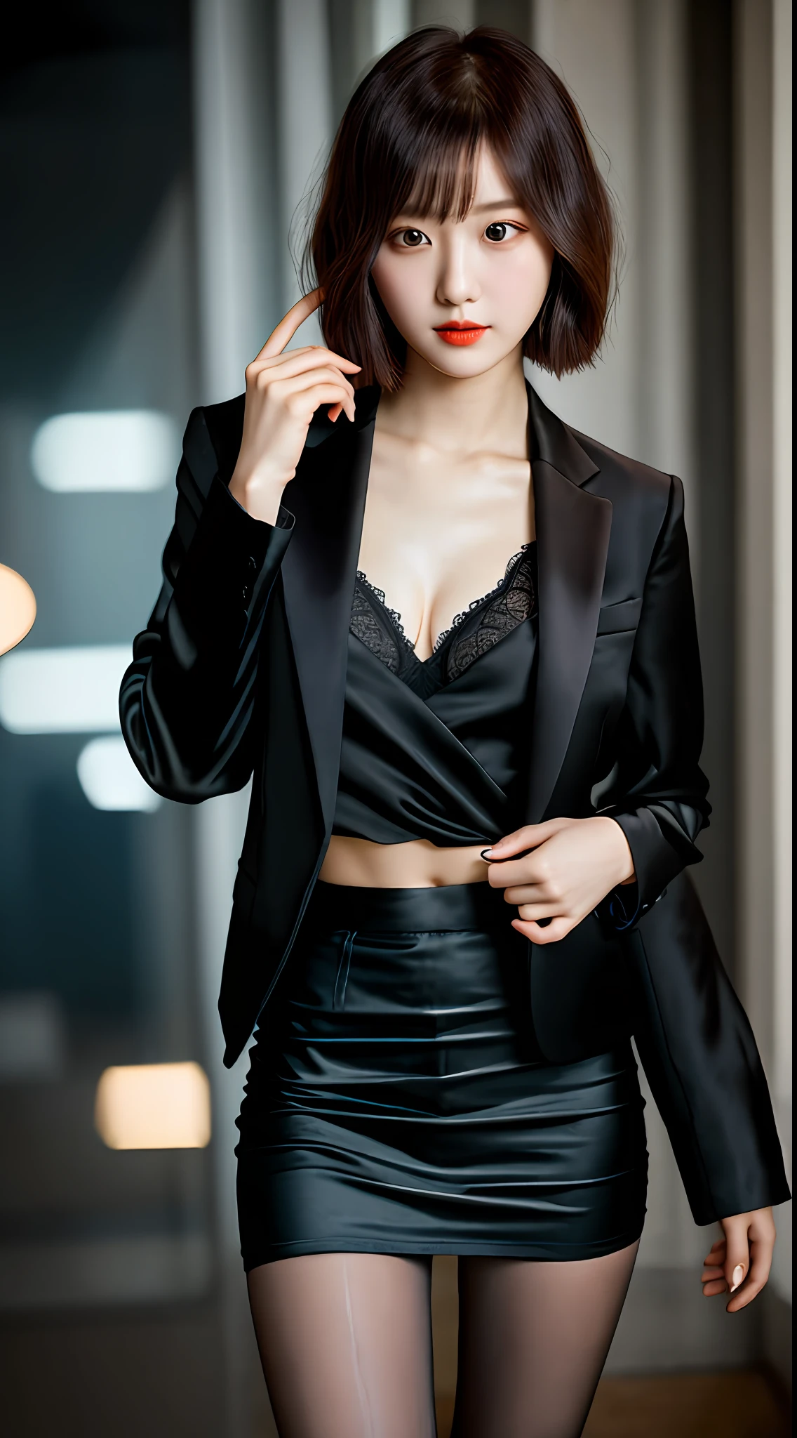 Top quality, masterpiece, 1 girl, beautiful face, (realistic picture:1.3), edge lighting, (high detail skin:1.2), 8K Ultra HD, DSLR, high quality, high resolution, 4K, 8K, bokeh, absurd, best ratio four fingers and one thumb, (real: 1.3), cute chinese in a girl, wearing black formal blazer, middle breasts, wearing black silk super skirt, small face, delicate figure, short unbalanced Bob cut