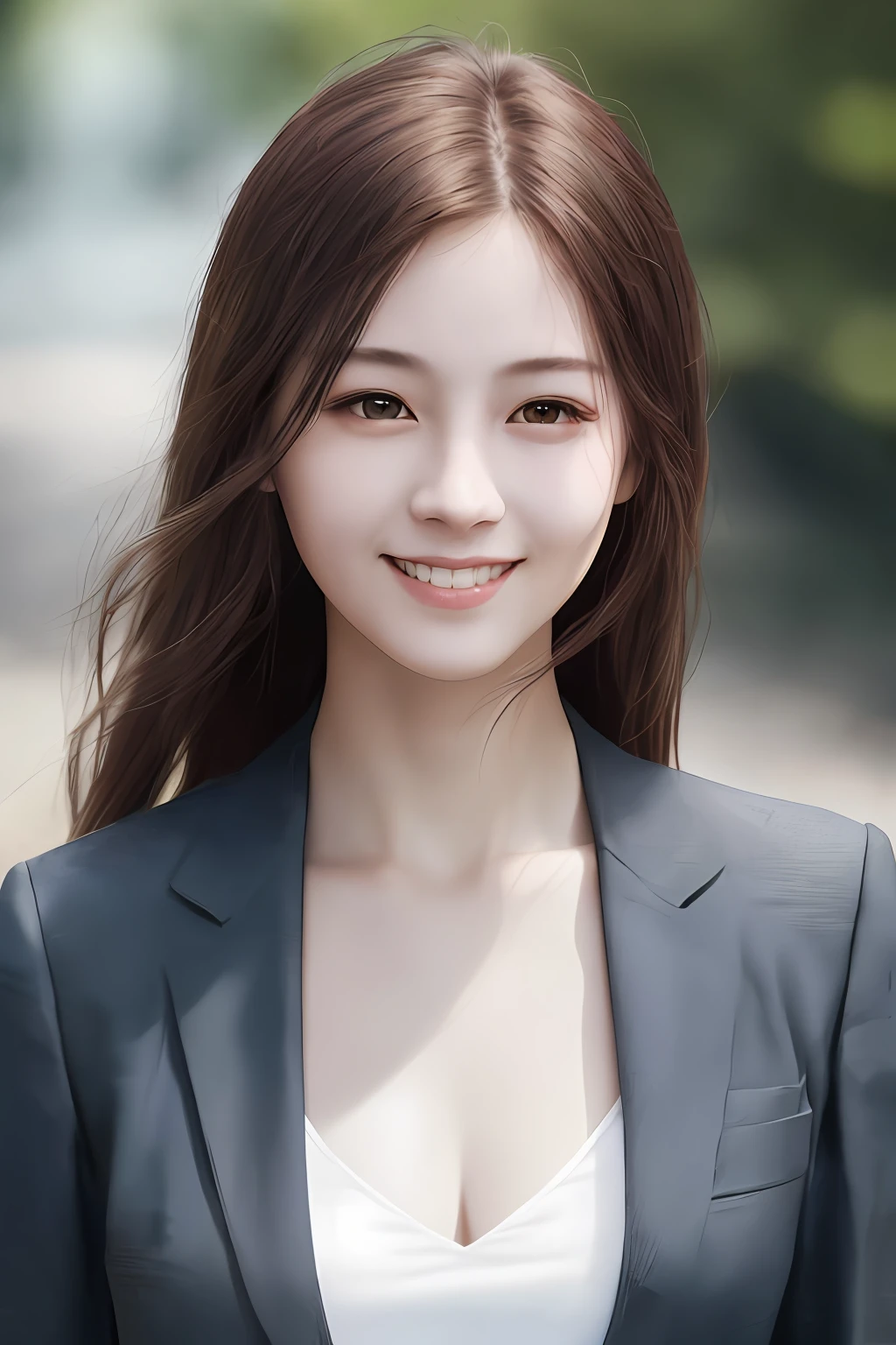 1 girl, flat chest, smiling, detailed face, looking at viewer, wearing suit, depth of field, 8k, RAW photo, photorealistic, perfect light, pale skin, perfect anatomy, ultra high res, absurdly, extremely intricate,
