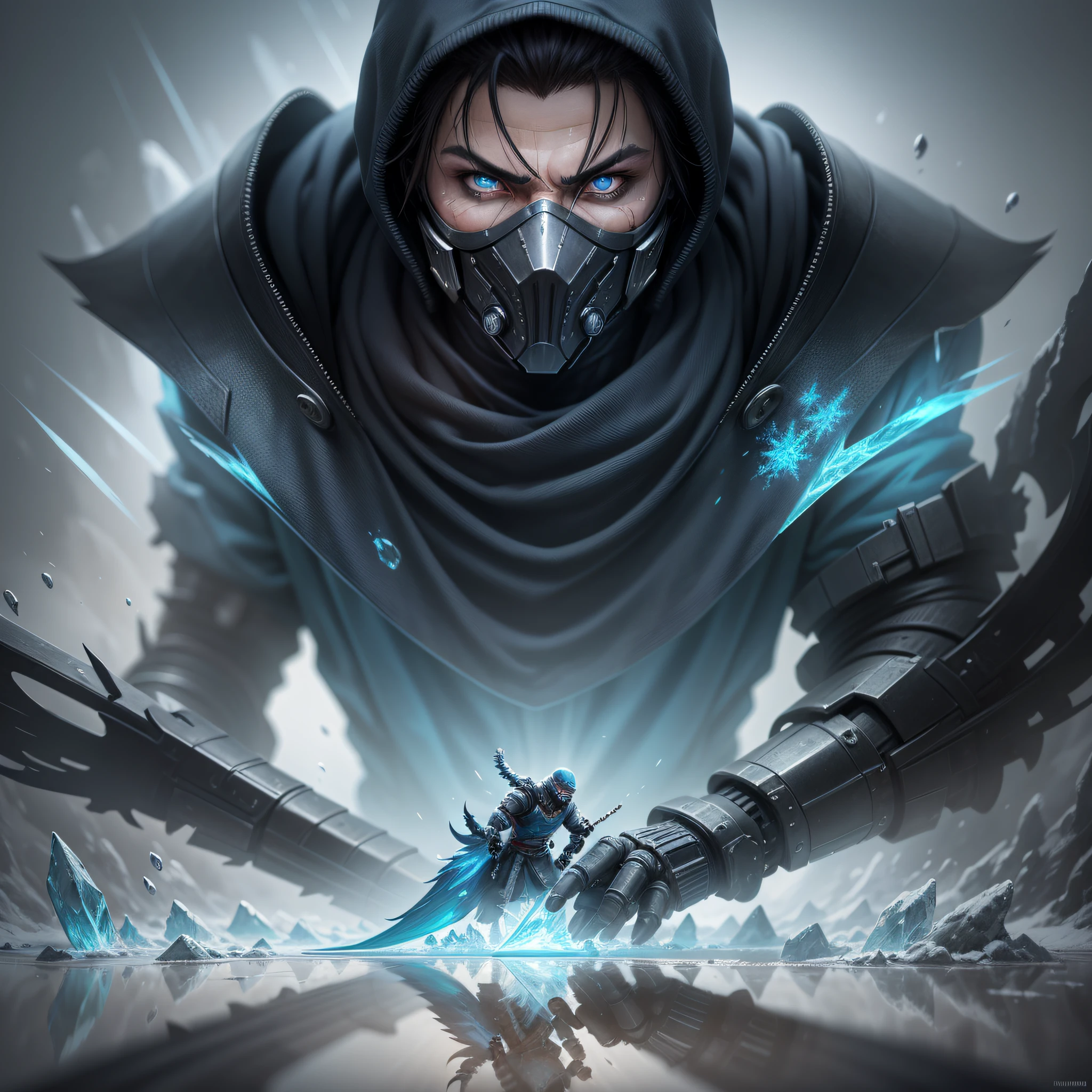 Sub Zero Ninja, man, Mortal Kombat, Cybernetic Style, ice art, frozen environment, high detail, concept art, anime style, cinematic lighting, reflection light, diffraction peaks, Nikon, UHD, super detail, high quality, 1080P, 4K, 8k