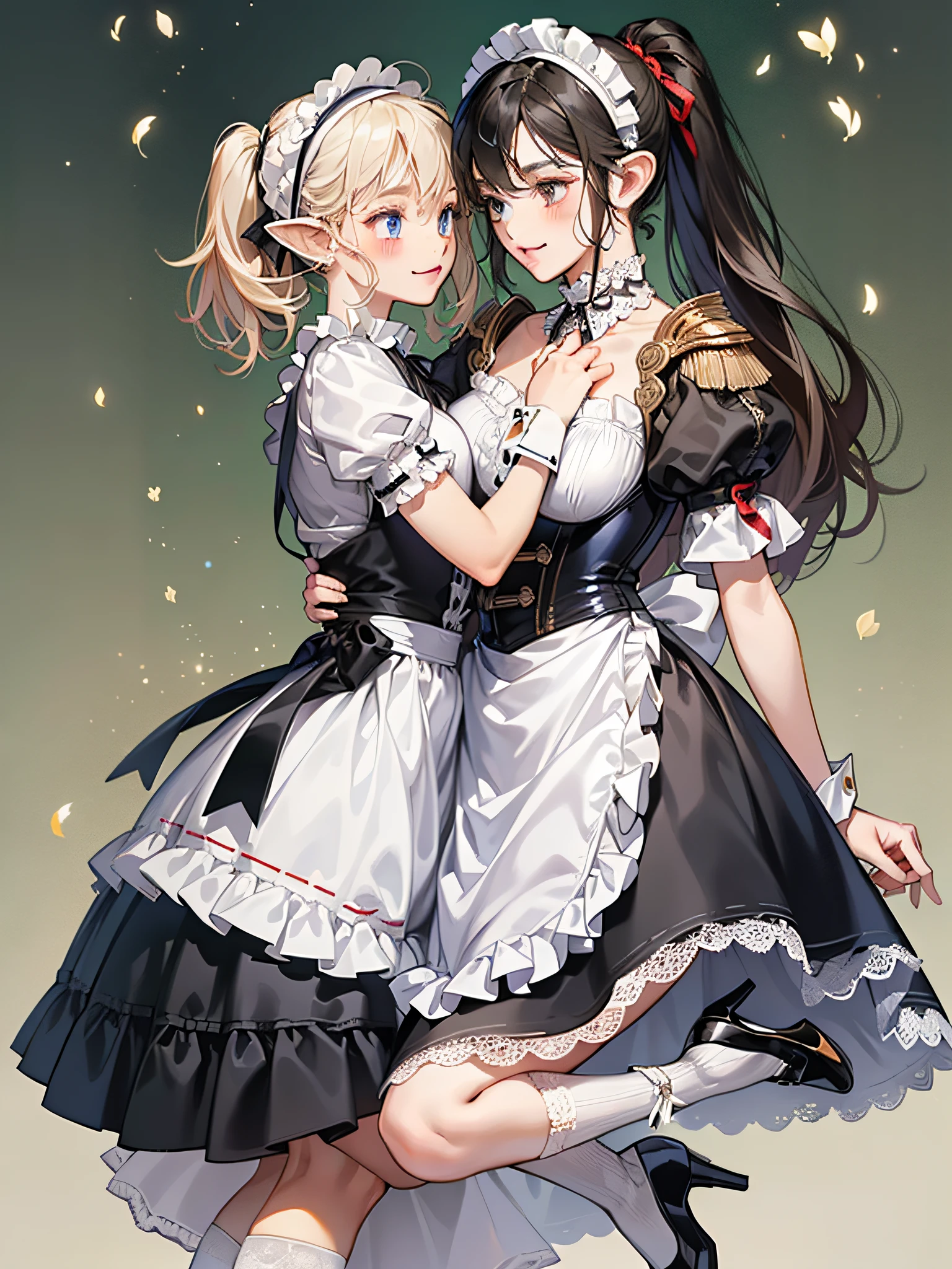 Two girls, an elven girl hugging a human girl from behind,
Elf Girl (Full Body, Platinum Blonde,Twin Tails, Blue Eyes, Smiling, Solid Black Short Maid Outfit (Short Sleeves, Puff Sleeves, White Cufflinks, Cuffs with One Black Button, White Collar, Thigh Length Skirt), White Long Apron Dress (Apron with breastplate, Length to hem of skirt, Shoulder straps, White lace ruffles at shoulder straps, Large ribbon knot at the back), Red ascot tie, Head headband with white lace ruffles, White stockings, White panniers (lace hem), Black enamel shoes (high heels),
Human girl (full body, black hair, ponytail, brown eyes, slightly embarrassed look), short maid outfit in a light blue dress (short sleeves, puff sleeves, white cuffs with cufflinks, cuffs with one black button, white collar, thigh length skirt), white apron, dark blue string tie, head headband with white lace ruffles, black stockings, white panniers (lace hem of panniers) , white enamel shoes (high heels),
Mucha style background with white lilies scattered