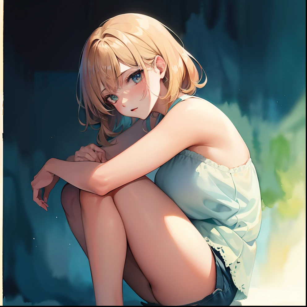 absurdres, highres, ultra detailed, (1woman:1.5),Slouching,on the floor,BREAK (watercolor style, soft blending, dreamy washes, delicate textures,:1.4)