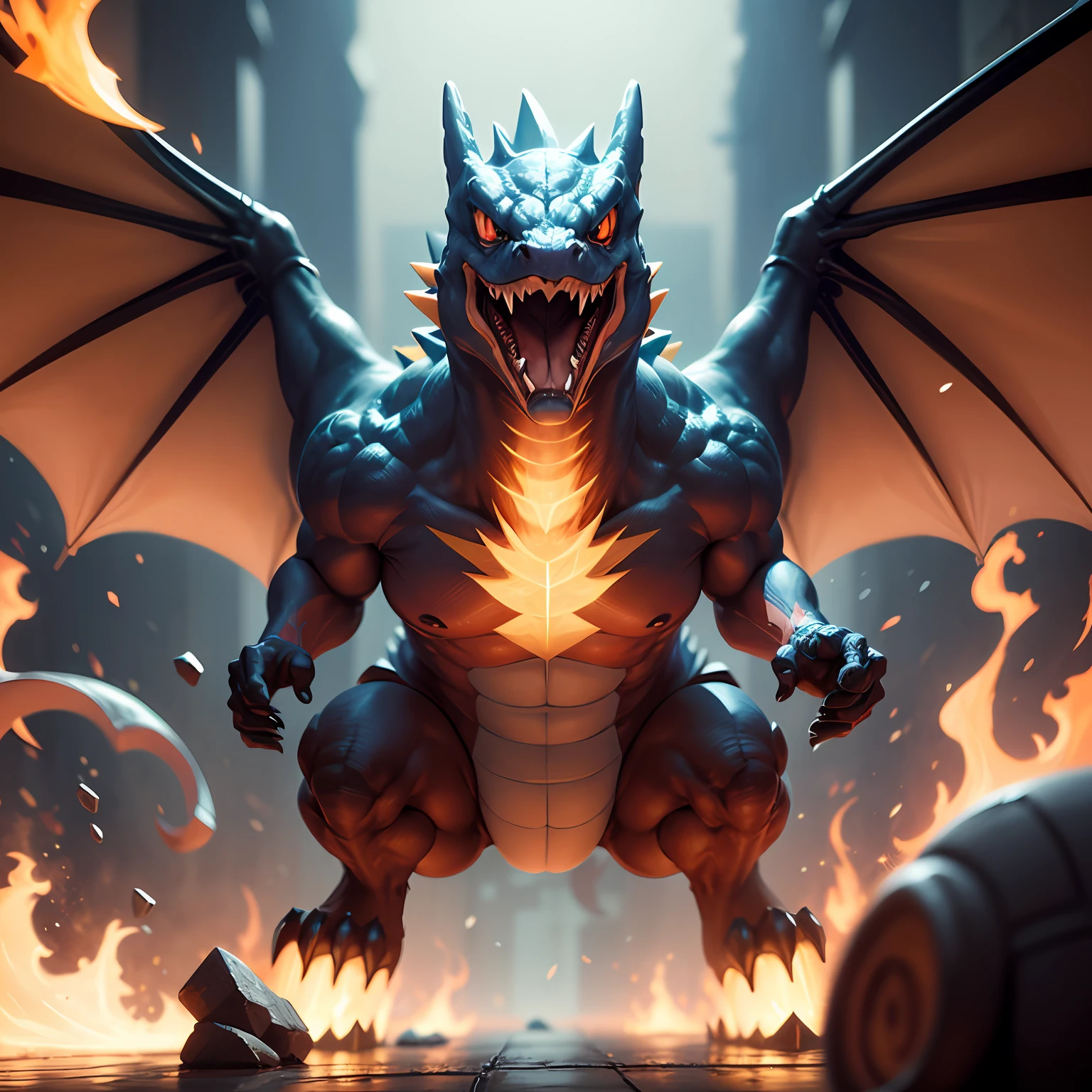 Pokemon Charizard, cyber, cuber 2133 style, 8K Unity rendering, skin pores, floating particles --auto