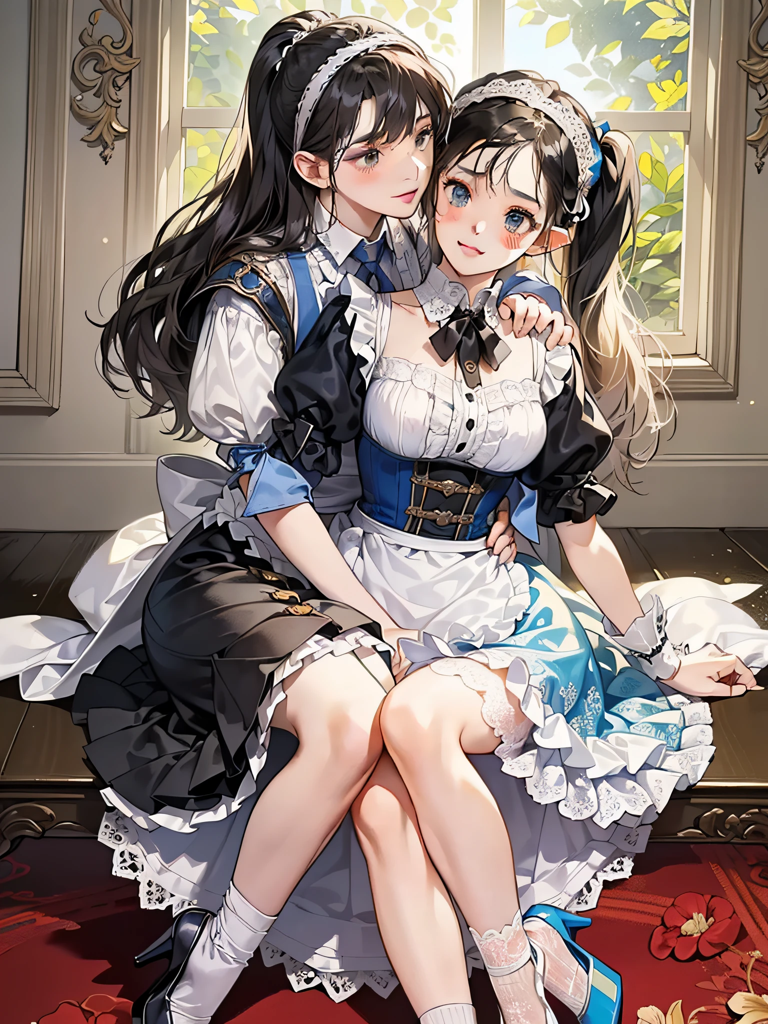 Two girls, an elven girl hugging a human girl from behind,
Elf Girl (Full Body, Platinum Blonde,Twin Tails, Blue Eyes, Smiling, Solid Black Short Maid Outfit (Short Sleeves, Puff Sleeves, White Cufflinks, Cuffs with One Black Button, White Collar, Thigh Length Skirt), White Long Apron Dress (Apron with breastplate, Length to hem of skirt, Shoulder straps, White lace ruffles at shoulder straps, Large ribbon knot at the back), Red ascot tie, Head headband with white lace ruffles, White stockings, White panniers (lace hem), Black enamel shoes (high heels),
Human girl (full body, black hair, ponytail, brown eyes, slightly embarrassed look), short maid outfit in a light blue dress (short sleeves, puff sleeves, white cuffs with cufflinks, cuffs with one black button, white collar, thigh length skirt), white apron, dark blue string tie, head headband with white lace ruffles, black stockings, white panniers (lace hem of panniers) , white enamel shoes (high heels),
Mucha style background with white lilies scattered
