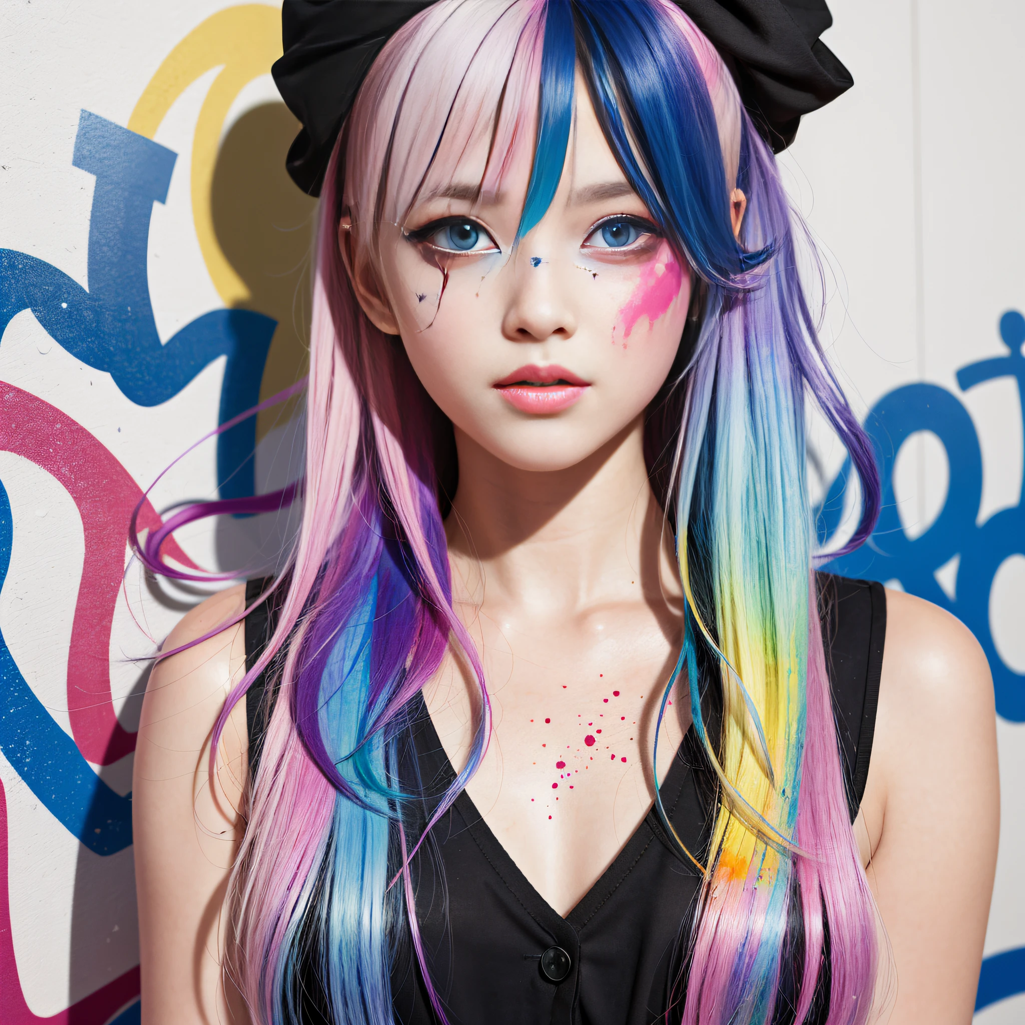 schoolgirl, beautiful detailed eyes, colorful, vivid colors, ((7girls: 1.5)), absurdity, top quality, striped hair, schoolgirl, latest fashion, (graffiti: 1.25), paint splatter, iridescent hair, paint on body