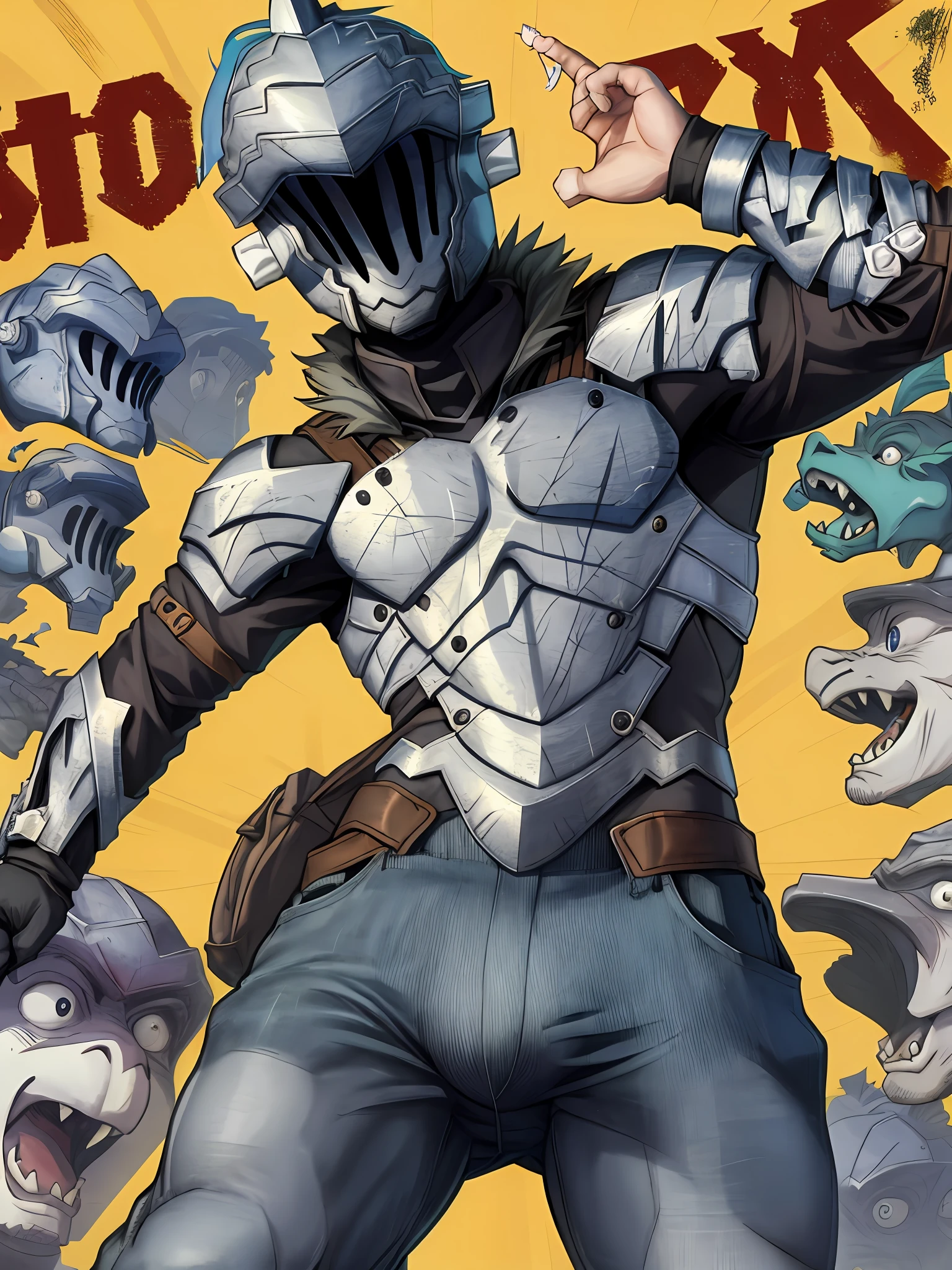  torso, helmet, convex, more bulges, convex, convex, protruding, goblin slayer, convex, bulging tubercle, huge, bulging out of pants, bulging out of pants, bulging out of pants, bulging out of pants, bulging out of pants,