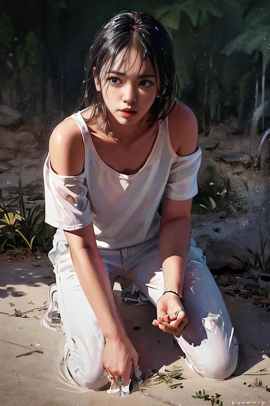 best quality, masterpiece, ultra resolution, (fidelity:1.4), photos, 1 boy, white shirt, torn jeans, white sneakers, dim, darkness, despair, pity, pity, movie, tears, teardrops, (torn clothes:1.5), (wet clothes:1.4), bare shoulders, real rain, wet hair,..