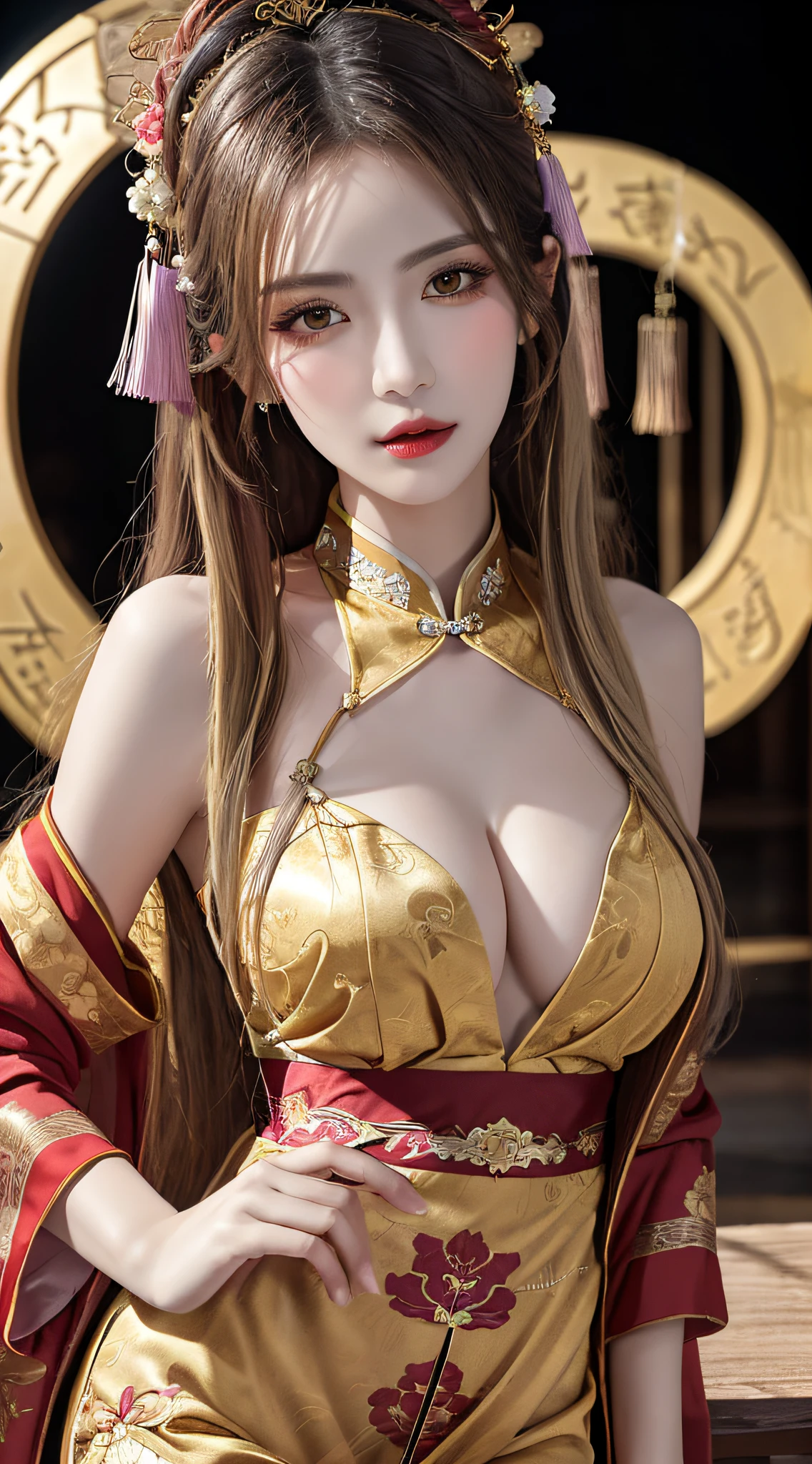 Woman wearing red and gold dress, flower background, palace, hanfu girl, wearing red cheongsam, chinese style, with ancient chinese costume, wearing ancient chinese costume, traditional beauty, Chinese Traditional, chinese girl, cheongsam, chinese costume, chinese princess, hanfu, chinese traditional clothing, chinese costume, 1 27-year-old girl, 1 zodiac goddess from the future, goddess of the pink and purple 12 zodiacs, the goddess of the zodiac in a yellow ao dai, a 12 zodiac ao dai with many black lace detail, mythology Goddess of the 12 zodiacs from the future, zodiac ♏, luxurious glittering zodiac style, dark and mysterious version, zodiac crown, lipstick lips red, thin and beautiful lips, mouth closed, characters made by karol bak and pino daeni, intricate detail, detailed background, extremely detailed, light magic, a woman, clear face, hair long with bangs, beautiful face in detail and well-proportioned eyes, (transparent yellow eyes: 1.8), big round eyes and very beautiful and detailed makeup, foresight, silk dress, mysterious makeup , double bangs and dyed light blonde , upper half portrait, zodiac goddess portrait, arms hanging loosely, Realistic and vivid photo, (stars make up the zodiac: 1.7), (sky background zodiac and fictitious space and time portal: 1.8), fiction art, RAW photo, hanfu picture, best photo, best photo quality, 8k quality, 8k ultra, super realistic, real photo most economical, the goddess poses sexy and seductive,