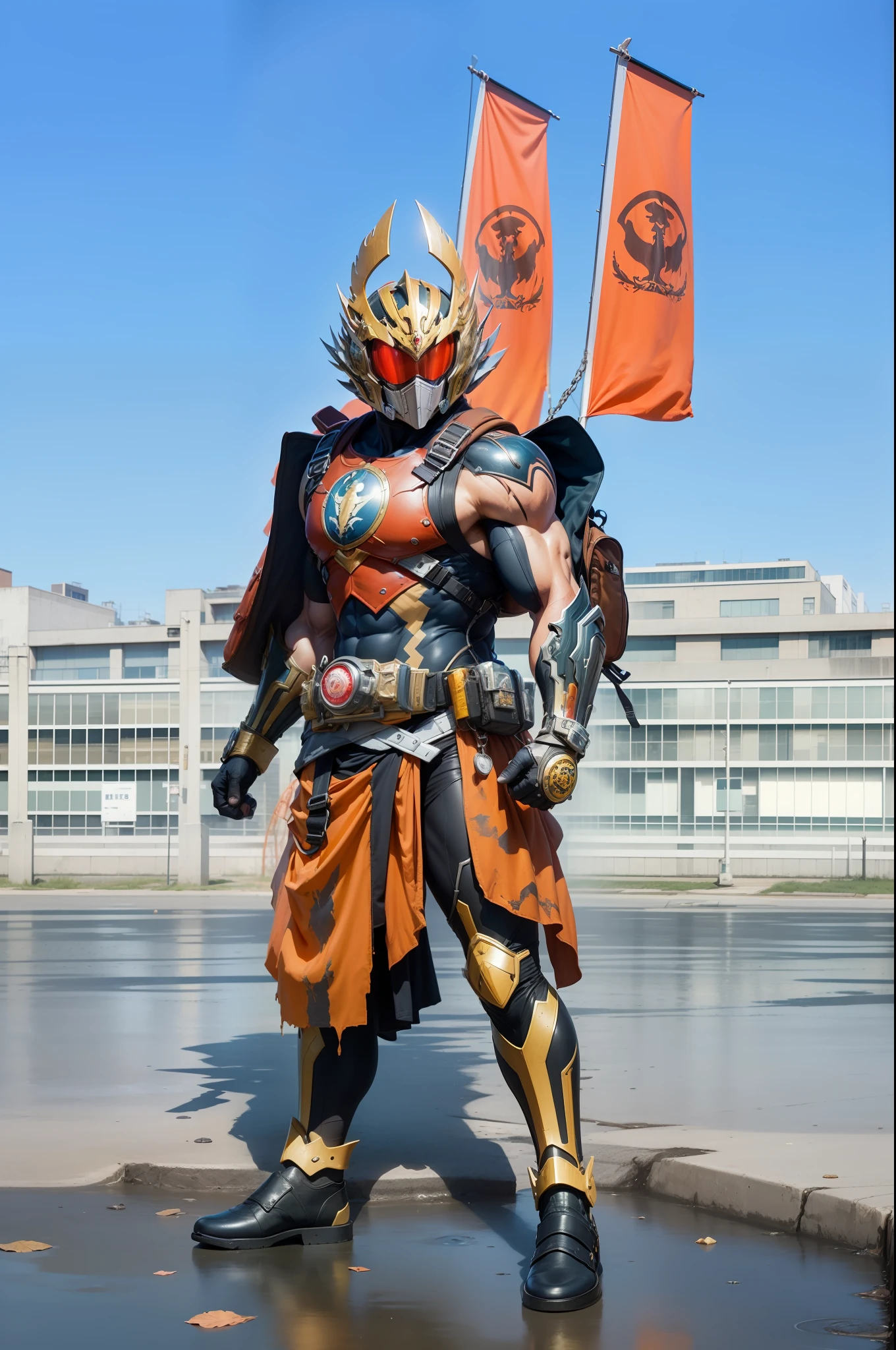 strong muscular man, street angry, backpack, epic realistic, photo, faded, complex stuff around, intricate background, soaking wet, neutral colors, ((((hdr)))), ((((muted colors)))), intricate scene, artstation, intricate details, vignette, super detail, kamen rider gaim kachidoki arms, ultra realistis, masterpiace
