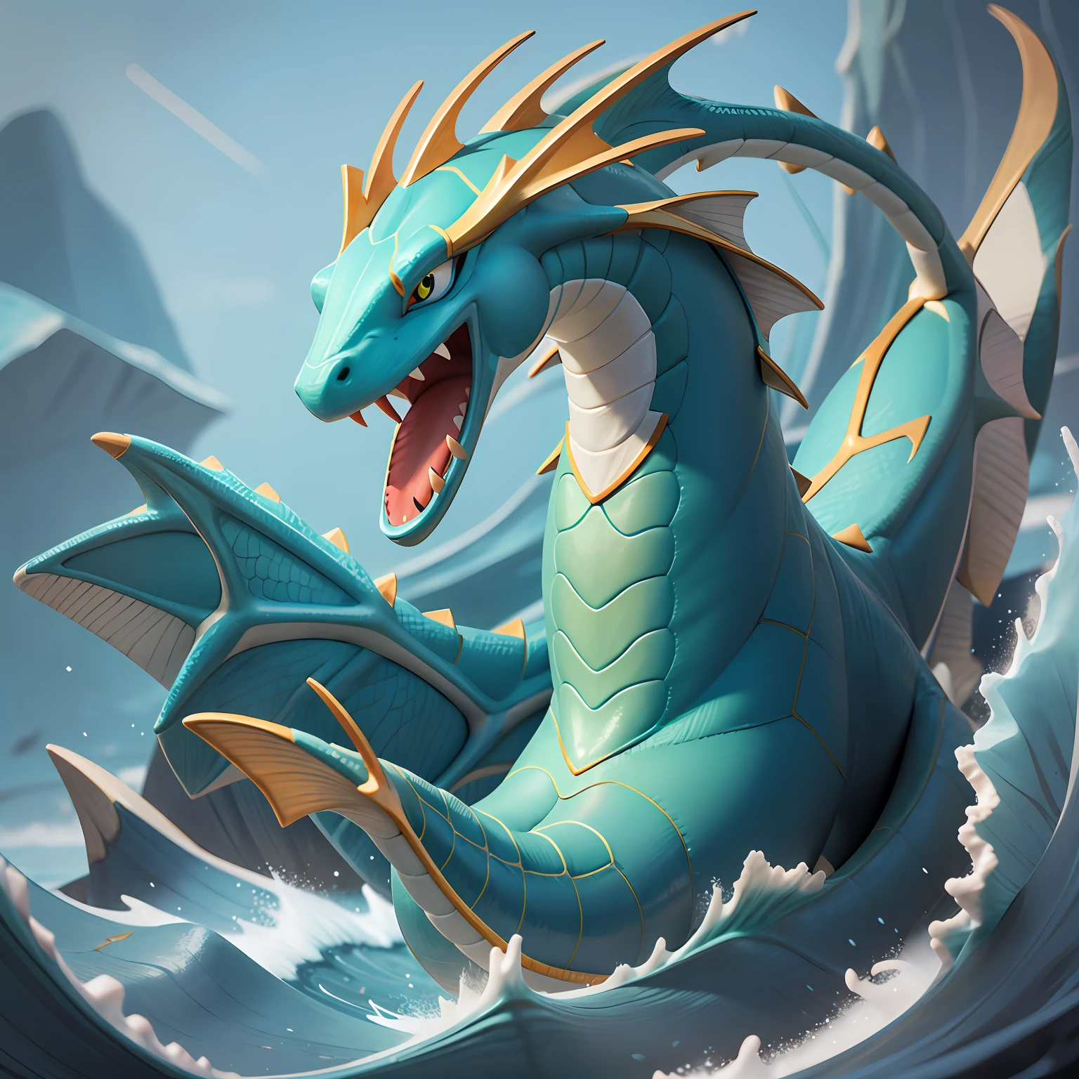 Pokemon Gyarados, cyber, cuber 2133 style, 8K Unity rendering, skin pores, floating particles --auto