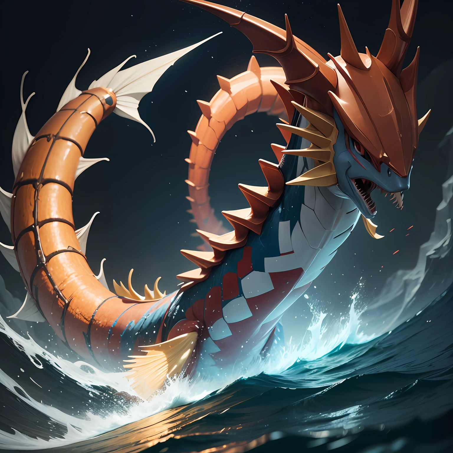 Pokemon Gyarados, cyber, cuber 2133 style, 8K Unity rendering, skin pores, floating particles --auto