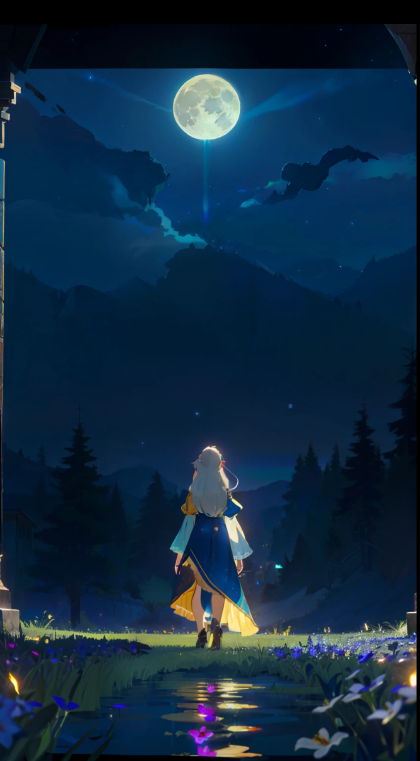Extensive landscape photo , (above and below looking down), girl standing in flower field looking up, (full moon:1.2), ( shooting stars:0.9), (nebula:1.3), starry sky, white flower field, flower field shining, fantastic flower field, tree , (warm light source:1.2), (firefly:1. 2), lamp, orange and blue mostly fine details, voluminous lighting BREAK (Masterpiece:1.2), (top quality), 4k, super detailed, (dynamic composition:1.4), very fine details, colorful details, ( iridescent:1.2), (glowing lighting, atmospheric lighting), dreamy, fantastic, (solo:1.2), sparkling, glow, petals dancing, white hair, beautiful hair, long hair, cat ears, back view, water effects, soap bubbles, posed, hands are hidden in sleeves, Large lacy sleeves