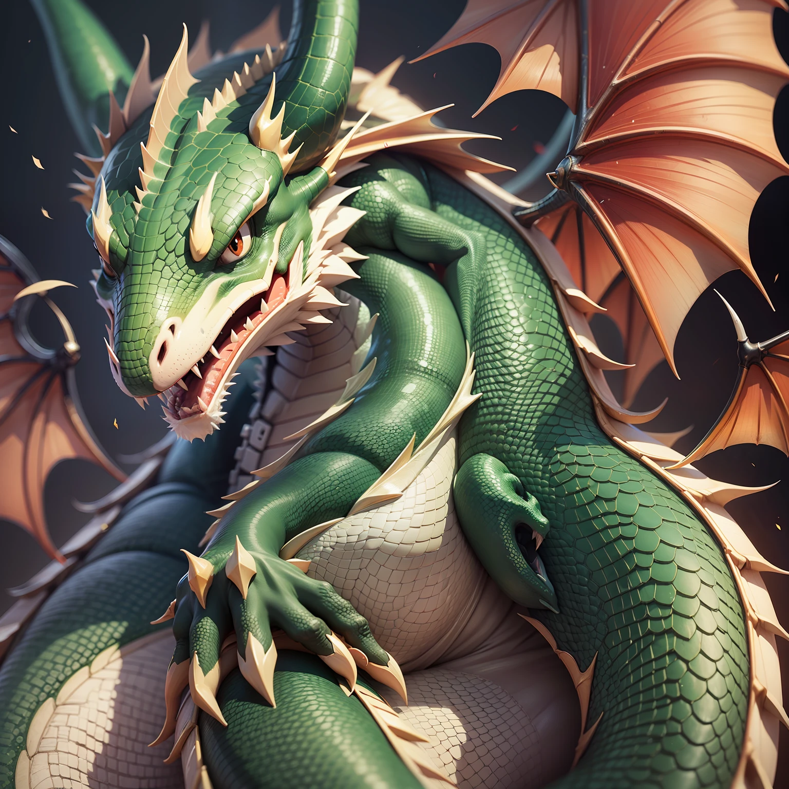 Pokemon Dragonite, cyber, cuber 2133 style, 8K Unity rendering, skin pores, floating particles --auto