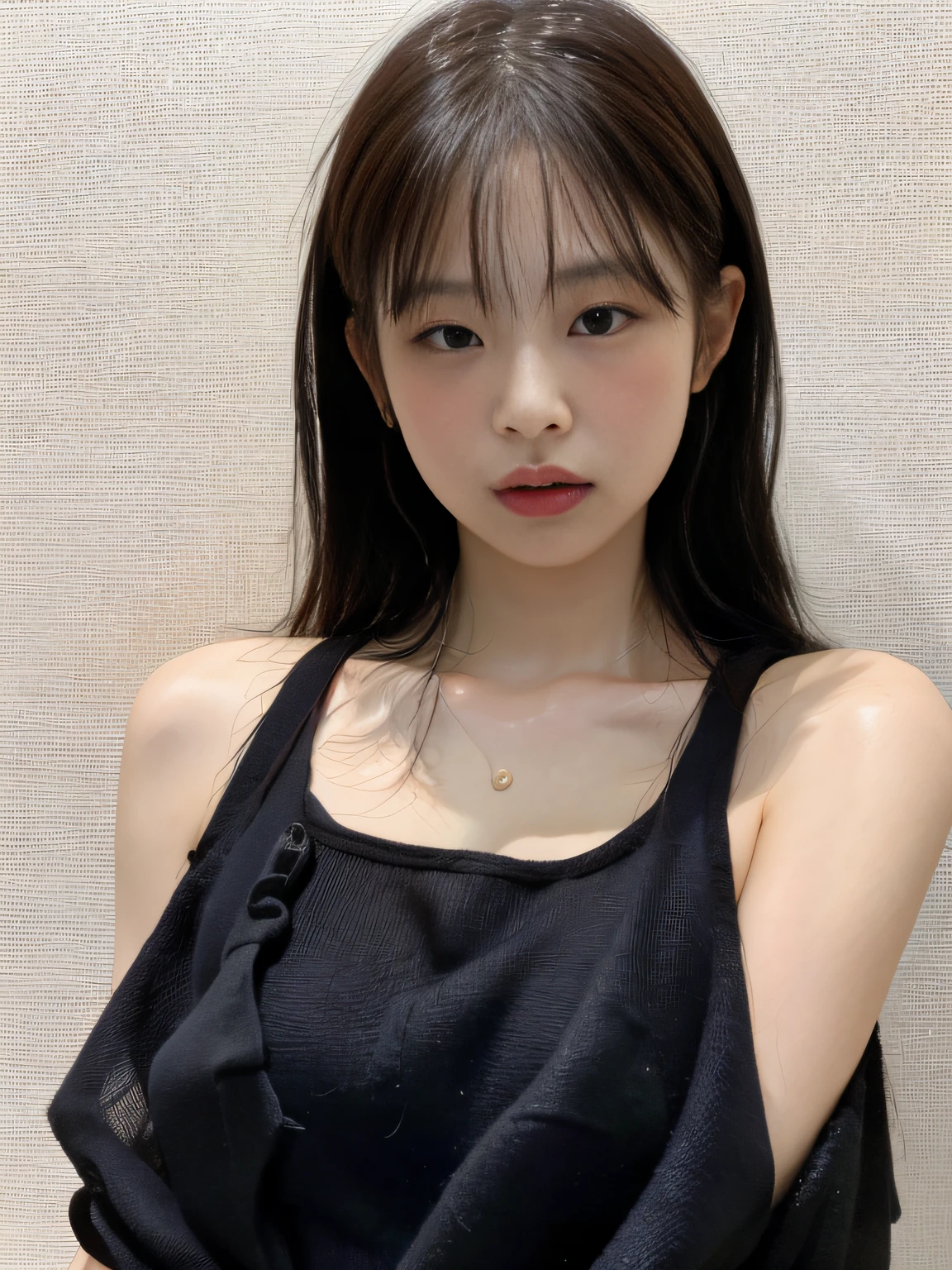 best quality, jjennie face shape, super high resolution, supermodel, (realism: 1 girl.8), RAW photo, 1 girl a girl, bare shoulders, wearing black vest, looking at the camera head-on, ID photo, sexy, black background, in the dark, deep shadow, understated, cold light
