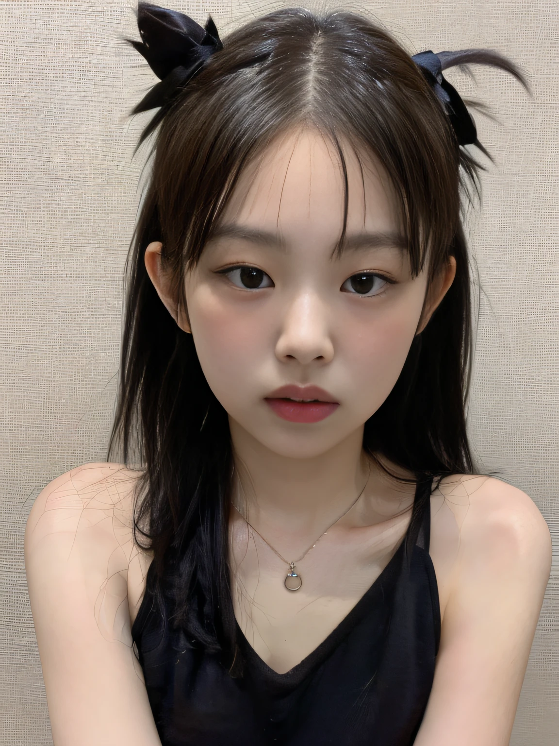 best quality, jjennie face shape, super high resolution, supermodel, (realism: 1 girl.8), RAW photo, 1 girl a girl, bare shoulders, wearing black vest, looking at the camera head-on, ID photo, sexy, black background, in the dark, deep shadow, understated, cold light