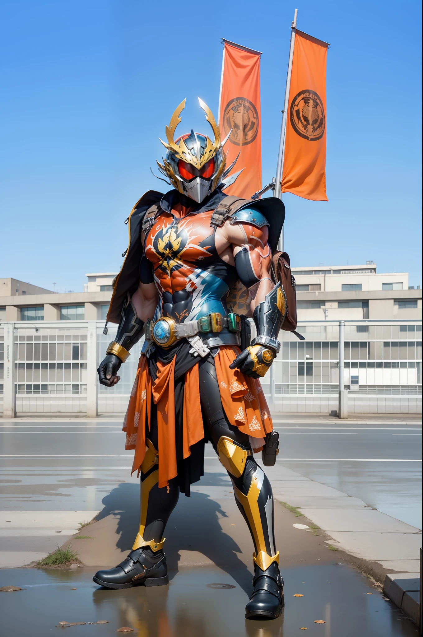 strong muscular man, street angry, backpack, epic realistic, photo, faded, complex stuff around, intricate background, soaking wet, neutral colors, ((((hdr)))), ((((muted colors)))), intricate scene, artstation, intricate details, vignette, super detail, kamen rider gaim kachidoki arms, ultra realistis, masterpiace