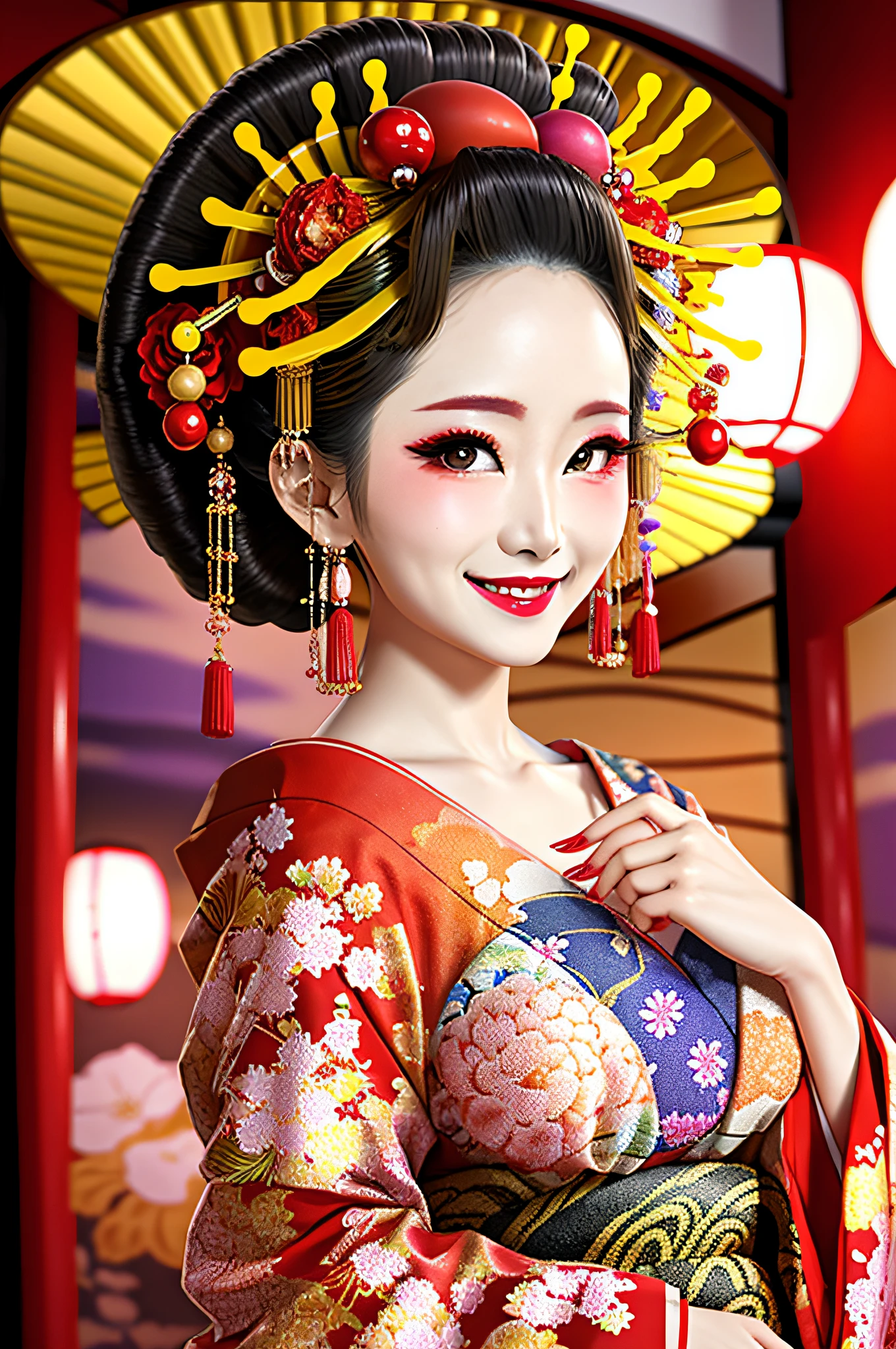 4K, Masterpiece, highres, absurdres,natural volumetric lighting and best shadows, smiling,deep depth of field,soft delicate beautiful attractive face, beautiful edgOiran_woman, a woman in a kimono posing for a picture ,perfect edgOiran_face,perfect edgOiran_body,edgOiran_makeup,edgOiran_hairstyle