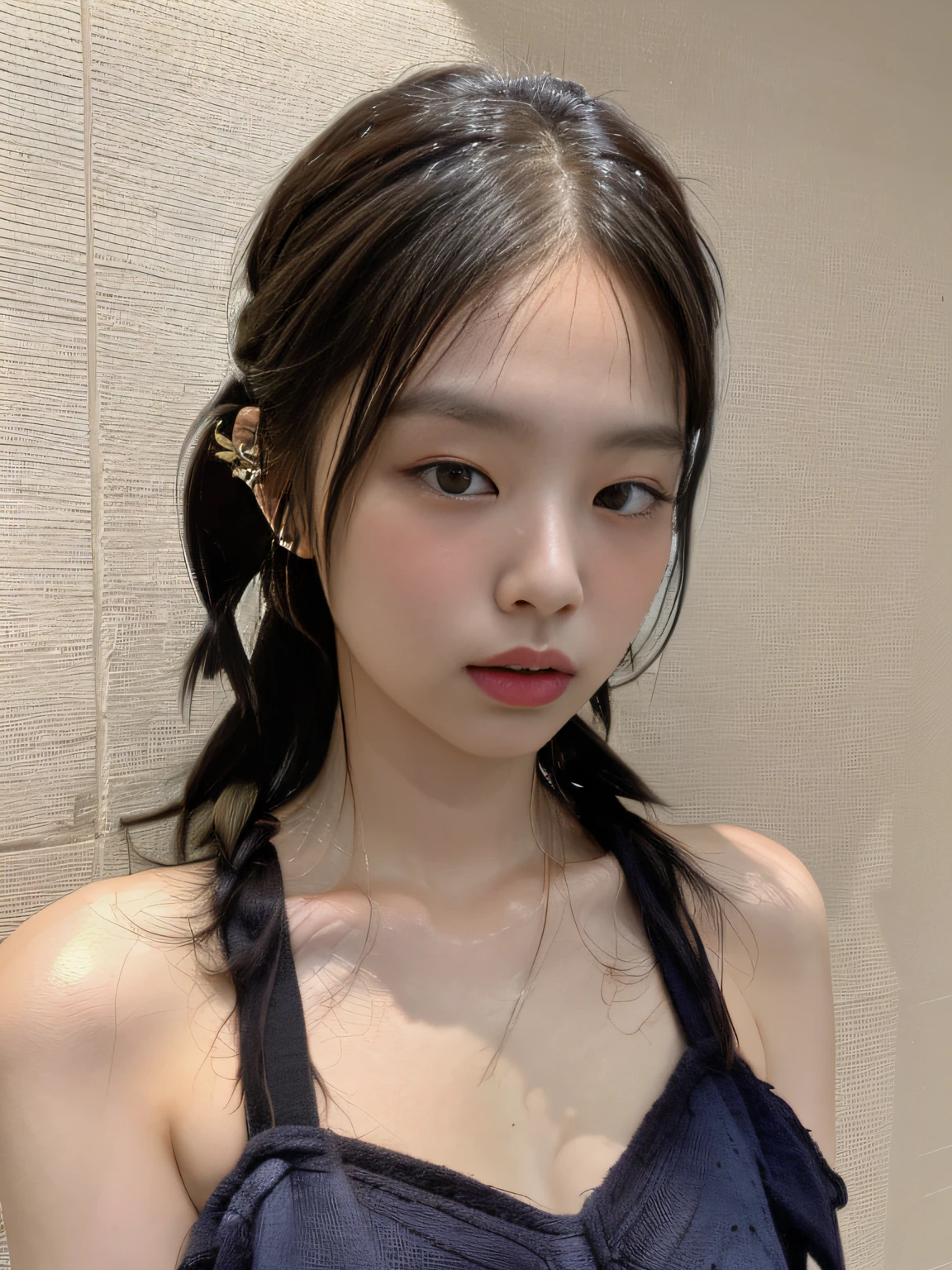 Best Quality, Jjennie Face Shape, Ultra High Resolution, Supermodel, (Realism: 1 Girl.8), RAW Photo, 1 Girl One Girl, Bare Shoulders, Colored Dirty Braids, In the Dark, Deep Shadow, Understated, Cold Light