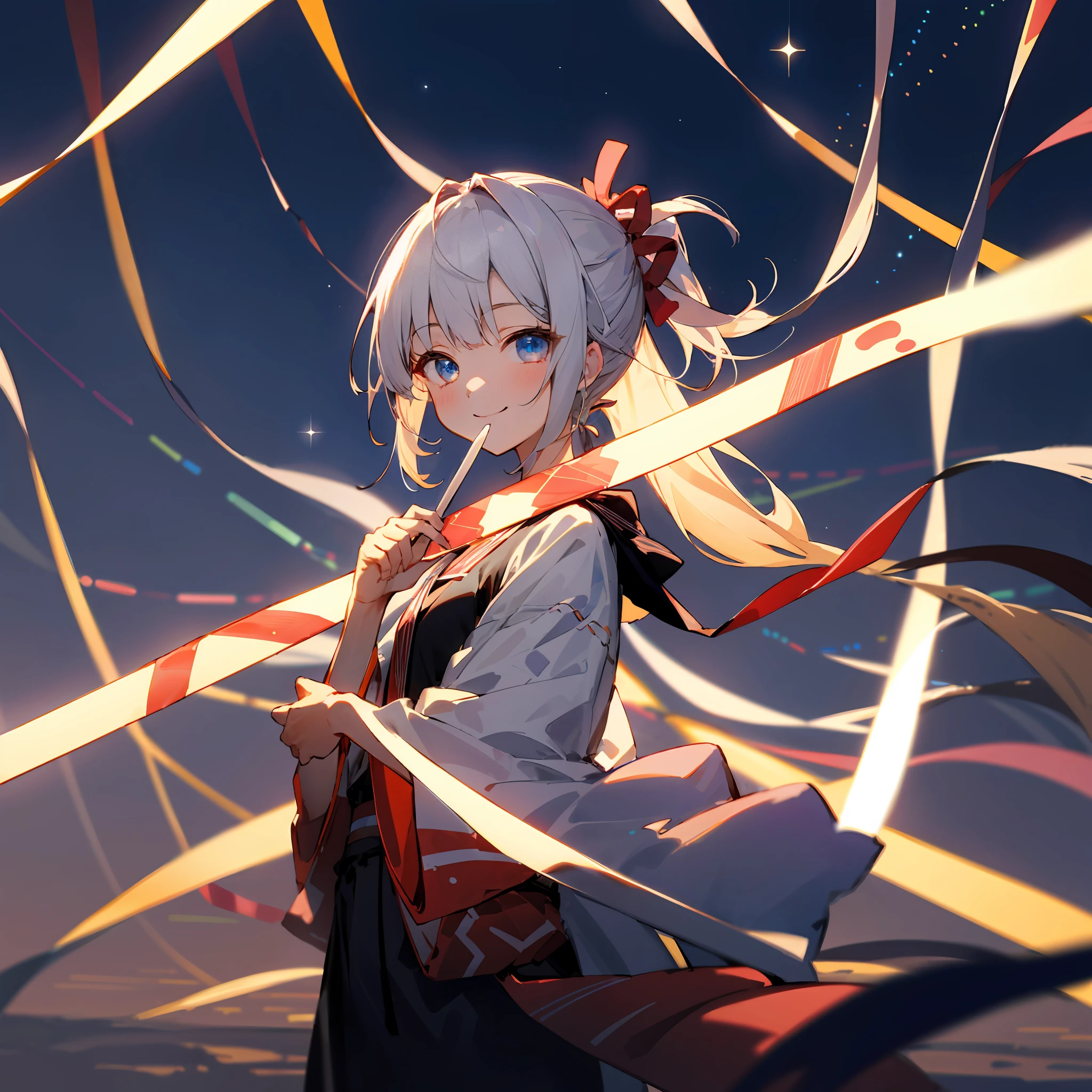 (top quality, super detail: 1.1),
Tanabata, girl, holding a strip, absurdly beautiful night sky, smile, beautiful eyes,