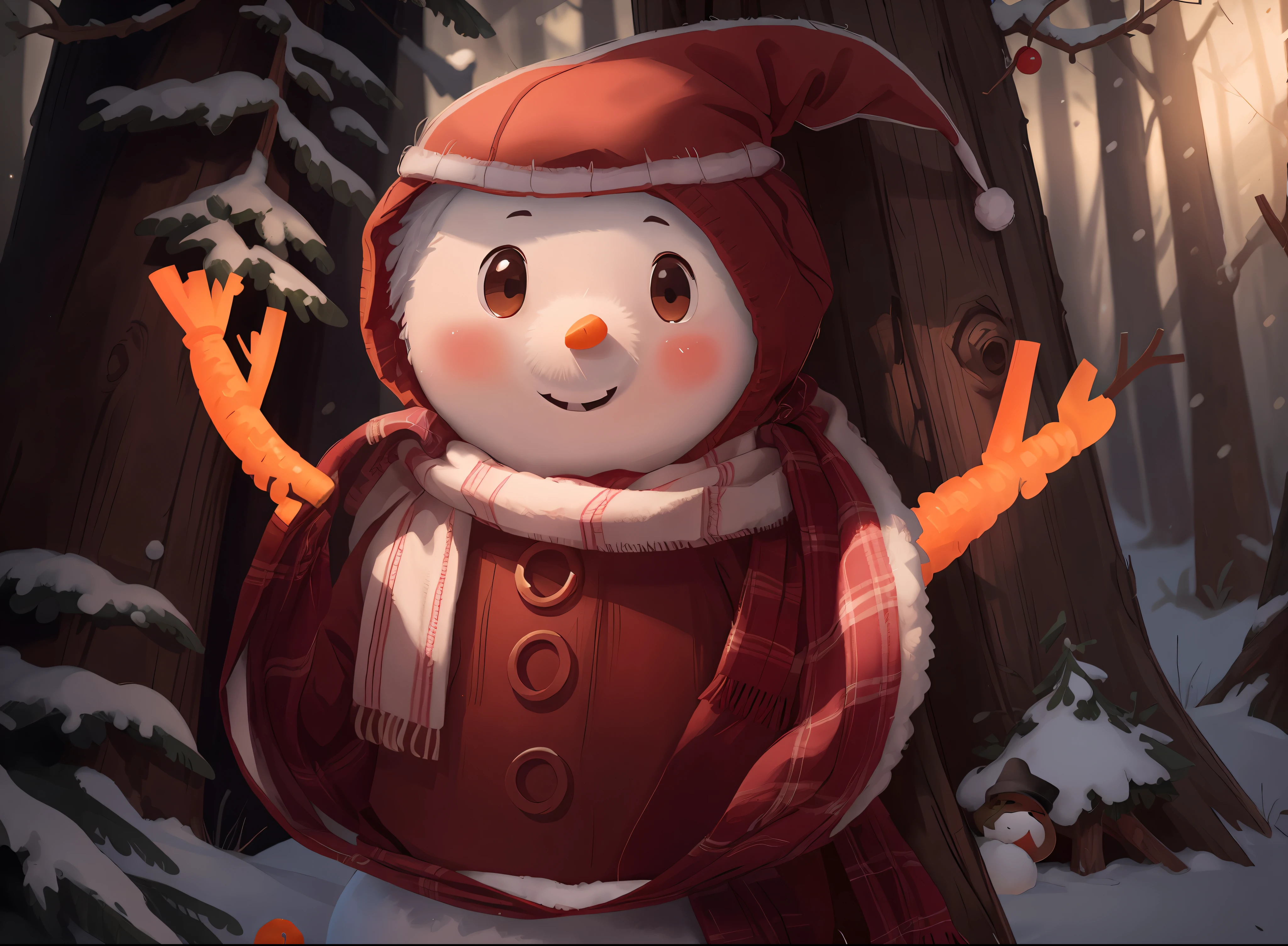 Masterpiece, best quality, high quality, extremely detailed CG unity 8k wallpaper, snowman, Christmas hat, scarf, playful mouth, round eyes, dead branches made into hands, carrot nose