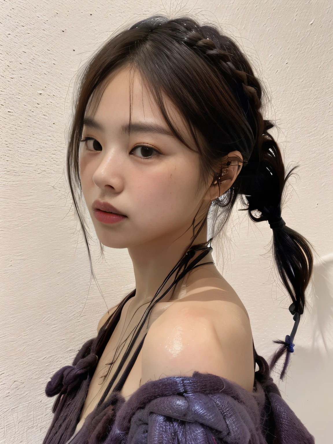 Best Quality, Jjennie Face Shape, Ultra High Resolution, Supermodel, (Realism: 1 Girl.8), RAW Photo, 1 Girl One Girl, Bare Shoulders, Colored Dirty Braids, In the Dark, Deep Shadow, Understated, Cold Light