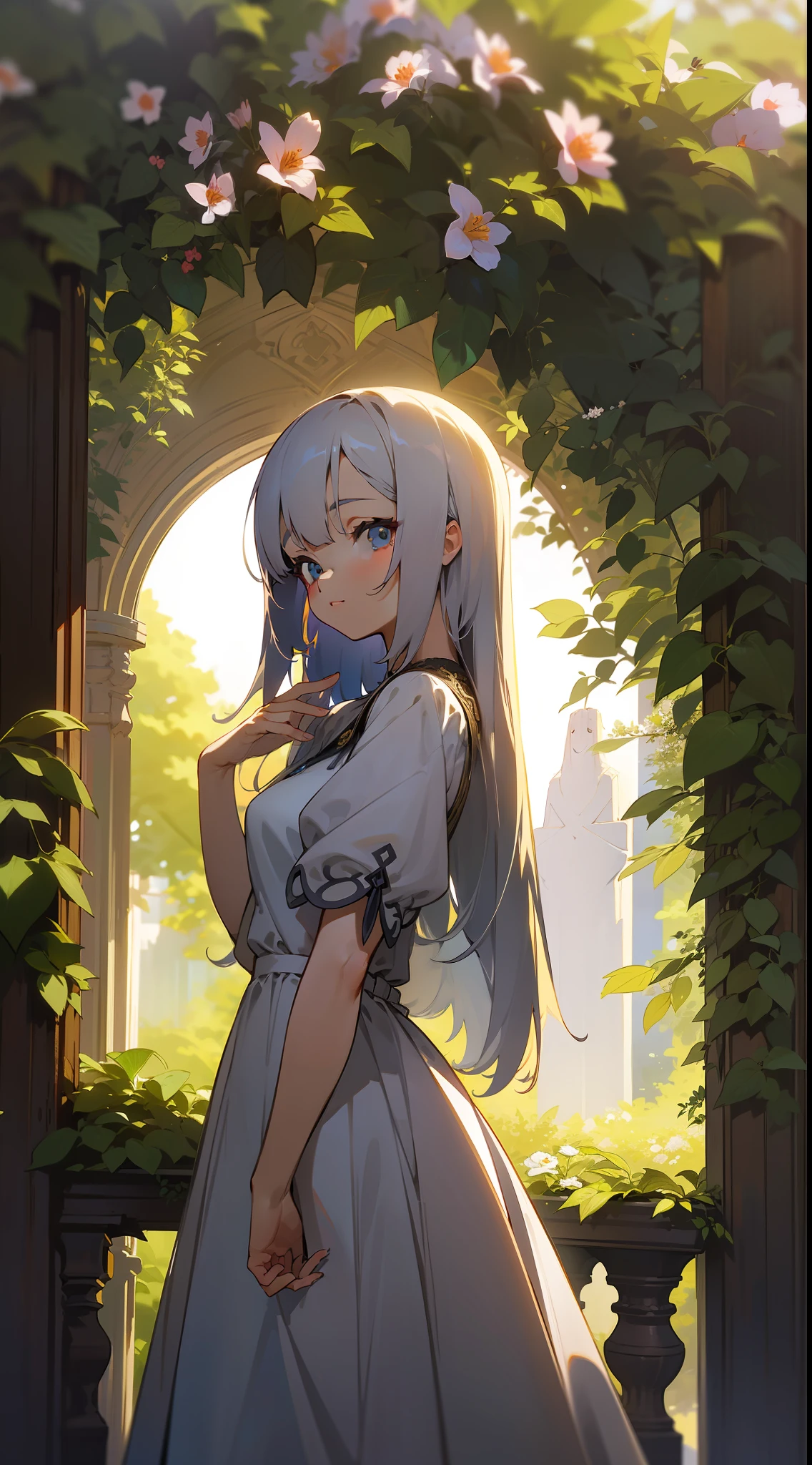 Cinematic Effects, Fancy Effects, Intricate Details, Solo, 1 Maiden, (2D + Crooked Bob: 1.2), Delicate Eyes, Dress, Garden, Ultra Wide Angle Lens, Sunlight, Light and Shadow, Religious, Holy, White and Tender Complexion, Quiet ,,,, Afternoon, Long Hair, Purity