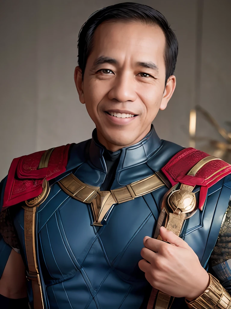 4k, Best quality, masterpiece, ultra high res, beautiful lighting, (realistic, photo-realistic:1.4), realistic background,  jokowi, 1man, 50 years old, smiling, wear thor Chris Hemsworth superhero outfit with mjolnir in hand, long shot