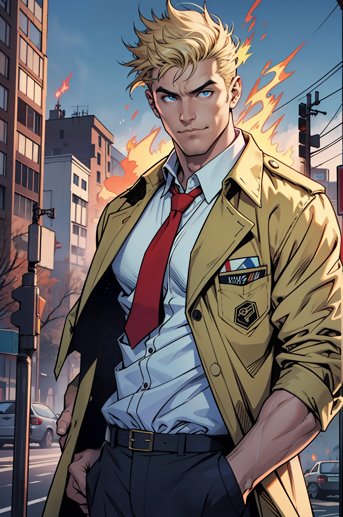1 man, solo, John Constantine,  British man, tall, fit muscle, big baggy faded plain yellow trench coat, loose long red tie, loose untidy white shirt, black trousers, making a blue fireball out of his right hand, smirks, light blond hair, crew cut hair style, hades style blue fire, dark Liverpool street in the background, best quality, 4k, upper body shot, wallpaper