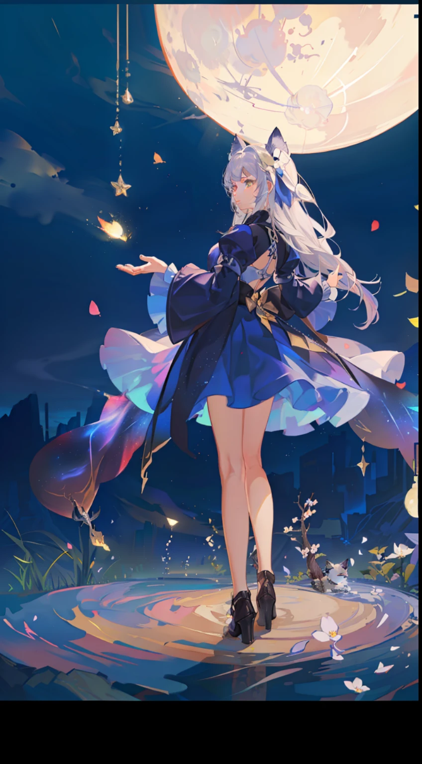 Extensive landscape photo , (above and below looking down), girl standing in flower field looking up, (full moon:1.2), ( shooting stars:0.9), (nebula:1.3), starry sky, white flower field, flower field shining, fantastic flower field, tree , (warm light source:1.2), (firefly:1. 2), lamp, orange and blue mostly fine details, voluminous lighting BREAK (Masterpiece:1.2), (top quality), 4k, super detailed, (dynamic composition:1.4), very fine details, colorful details, ( iridescent:1.2), (glowing lighting, atmospheric lighting), dreamy, fantastic, (solo:1.2), sparkling, glow, petals dancing, white hair, beautiful hair, long hair, cat ears, back view, water effects, soap bubbles, posed, hands are hidden in sleeves, Large lacy sleeves